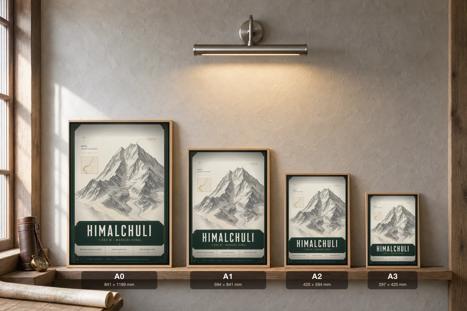 Himalchuli Poster — 7,893 m Peak Atlas Specimen Print · framed A2 — print size guide showing the artwork at A0, A1, A2 and A3 in natural-oak frames at true relative scale