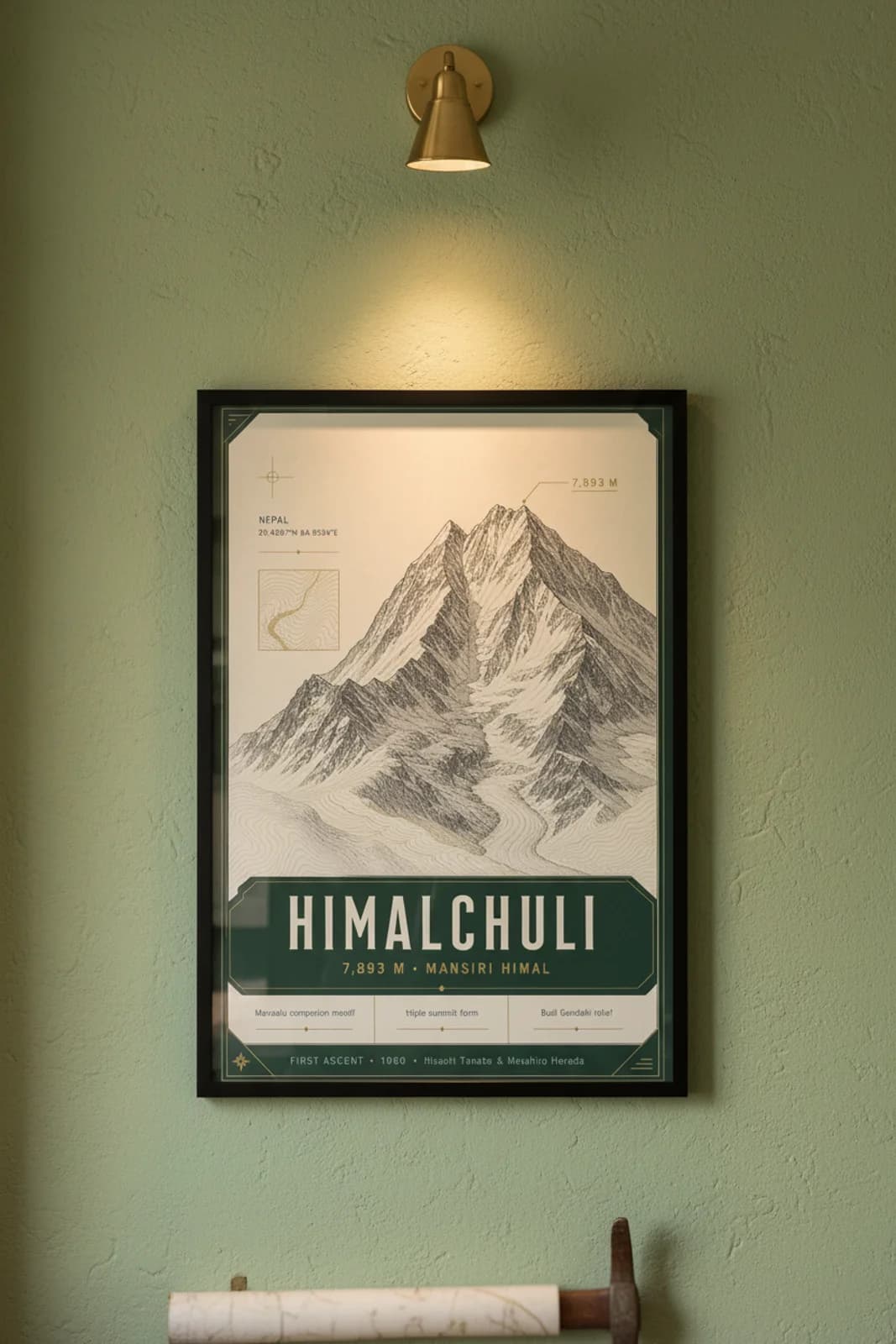 Himalchuli — Mountain Peaks poster in black A2 frame on himalchuli-summit-wash alpine plaster wall — Mountain Peaks study mockup