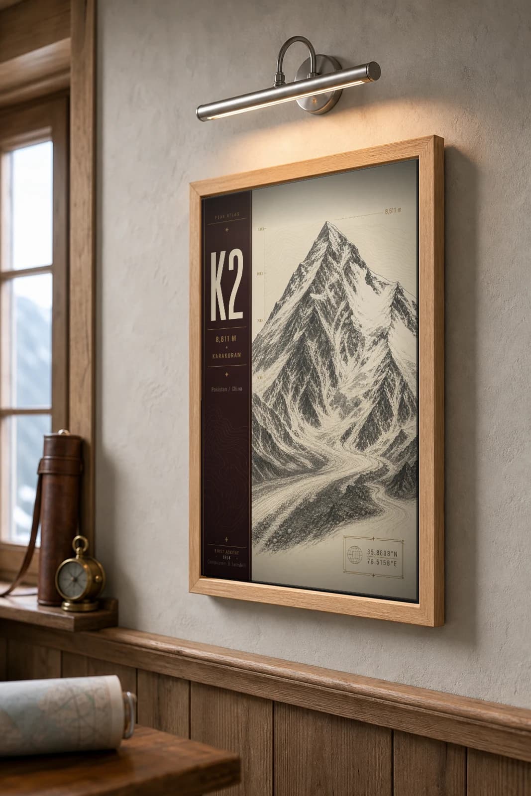K2 Poster — 8,611 m Peak Atlas Specimen Print · framed A2 — the framed print shown at a three-quarter angle on a styled gallery wall in a natural-oak frame