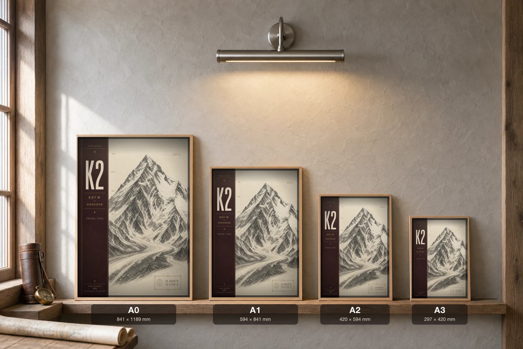 K2 Poster — 8,611 m Peak Atlas Specimen Print · framed A2 — print size guide showing the artwork at A0, A1, A2 and A3 in natural-oak frames at true relative scale