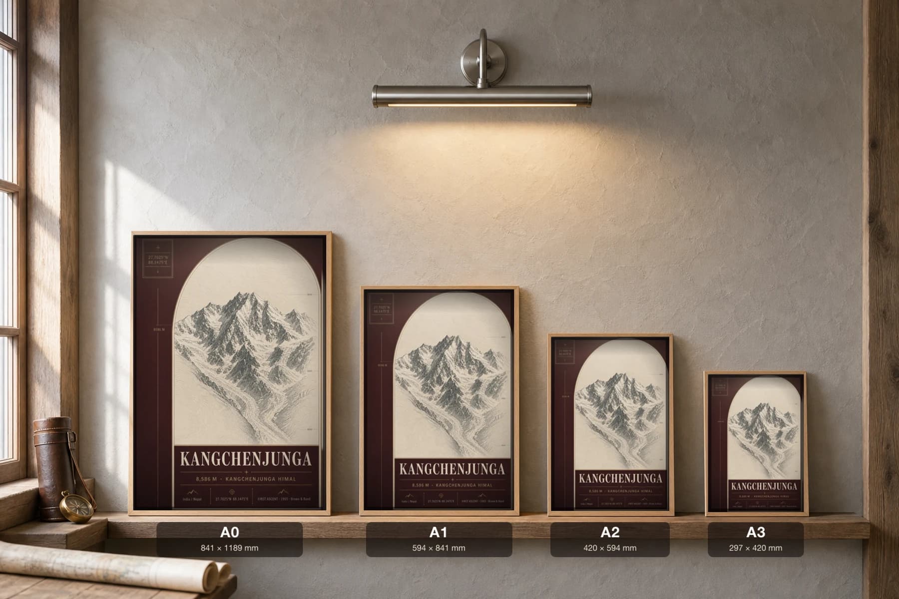 Kangchenjunga Poster — 8,586 m Peak Atlas Specimen Print · framed A2 — print size guide showing the artwork at A0, A1, A2 and A3 in natural-oak frames at true relative scale