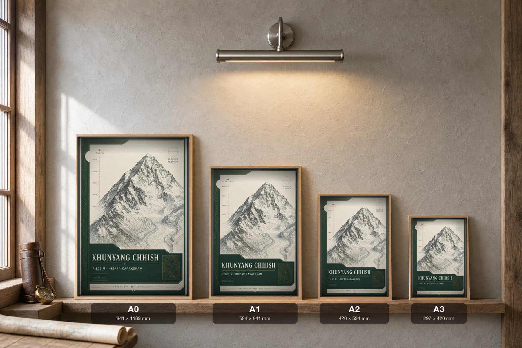 Khunyang Chhish Poster — 7,823 m Peak Atlas Specimen Print · framed A2 — print size guide showing the artwork at A0, A1, A2 and A3 in natural-oak frames at true relative scale