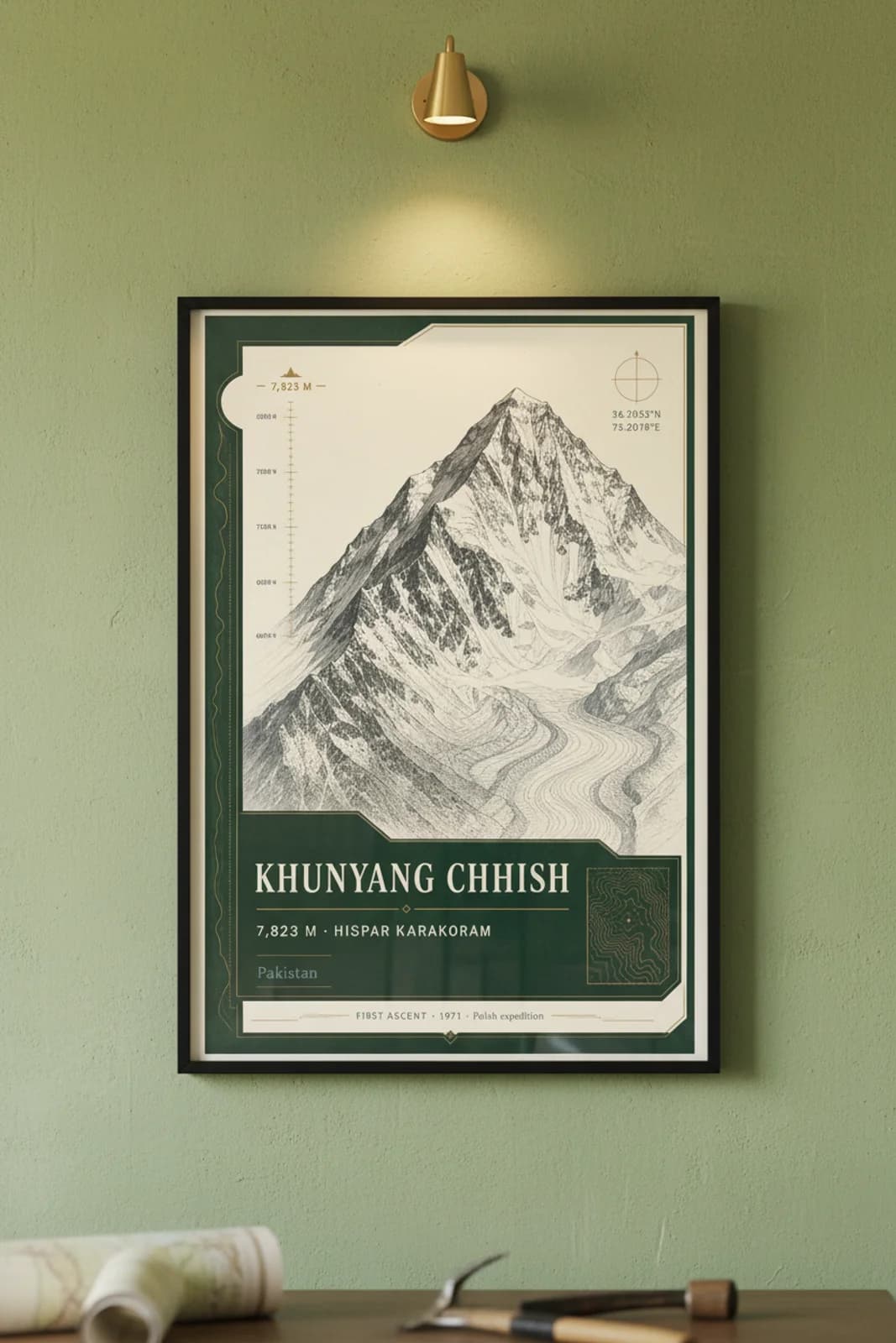 Khunyang Chhish — Mountain Peaks poster in black A2 frame on khunyang-chhish-summit-wash alpine plaster wall — Mountain Peaks study mockup
