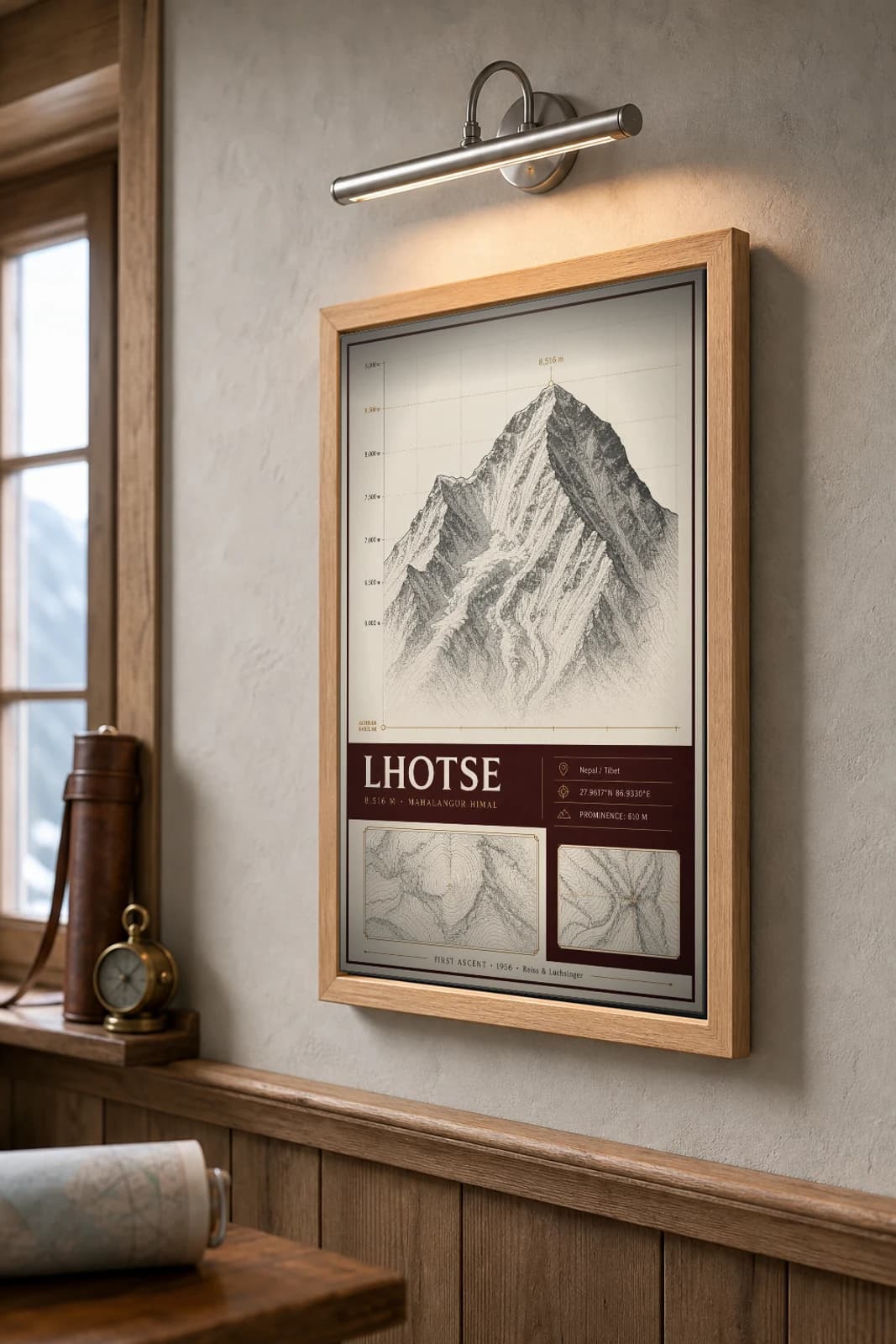 Lhotse Poster — 8,516 m Peak Atlas Specimen Print · framed A2 — the framed print shown at a three-quarter angle on a styled gallery wall in a natural-oak frame