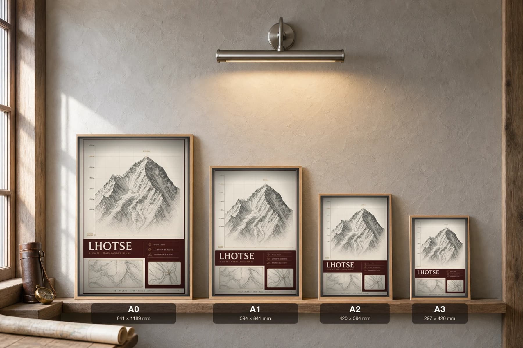 Lhotse Poster — 8,516 m Peak Atlas Specimen Print · framed A2 — print size guide showing the artwork at A0, A1, A2 and A3 in natural-oak frames at true relative scale