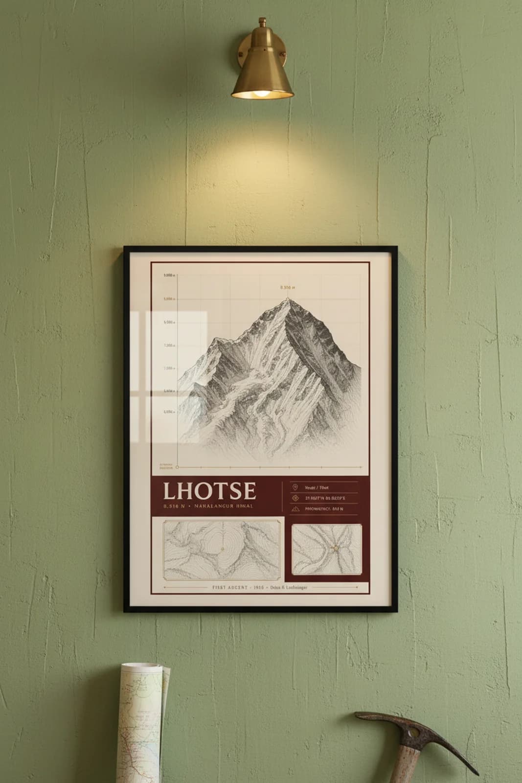 Lhotse — Mountain Peaks poster in black A2 frame on lhotse-summit-wash alpine plaster wall — Mountain Peaks study mockup