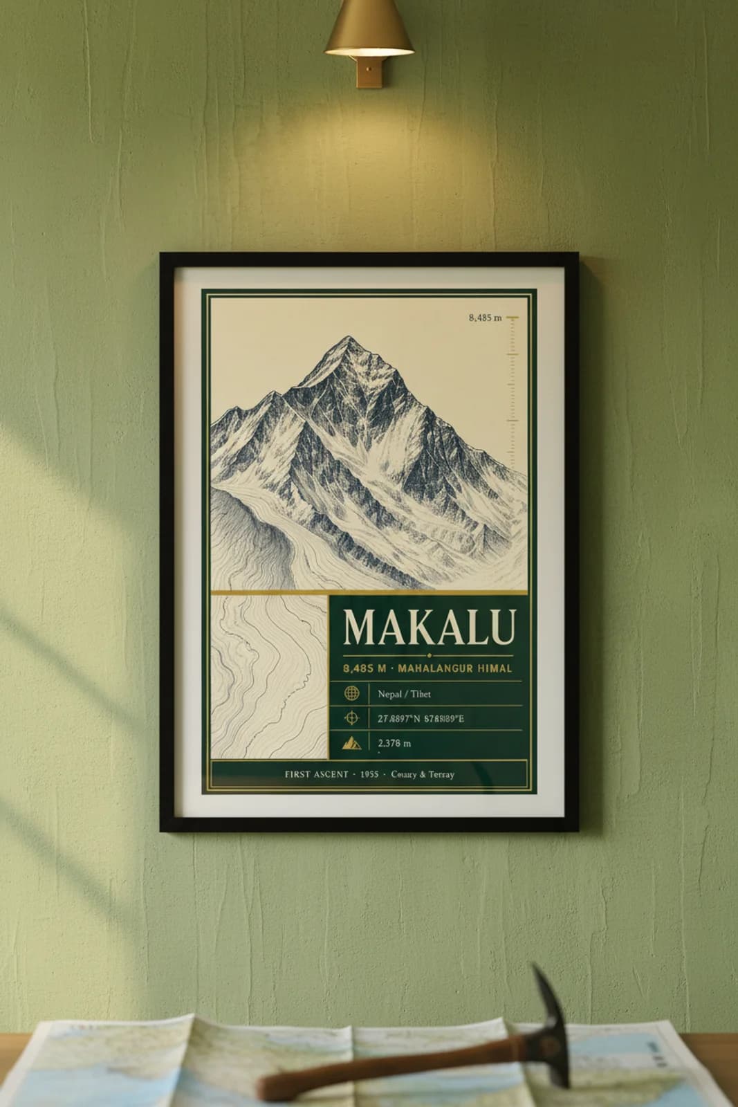 Makalu — Mountain Peaks poster in black A2 frame on makalu-summit-wash alpine plaster wall — Mountain Peaks study mockup