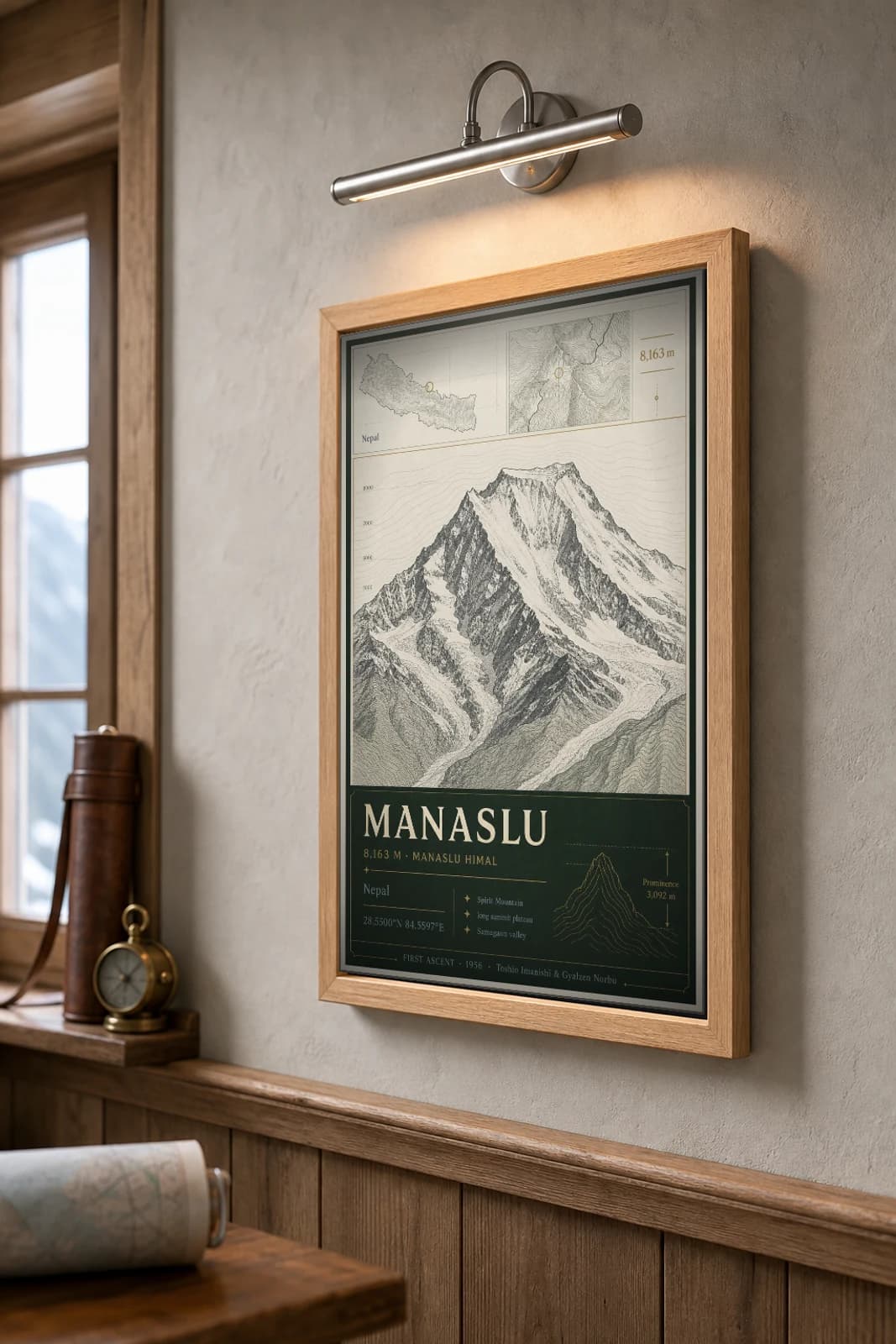 Manaslu Poster — 8,163 m Peak Atlas Specimen Print · framed A2 — the framed print shown at a three-quarter angle on a styled gallery wall in a natural-oak frame