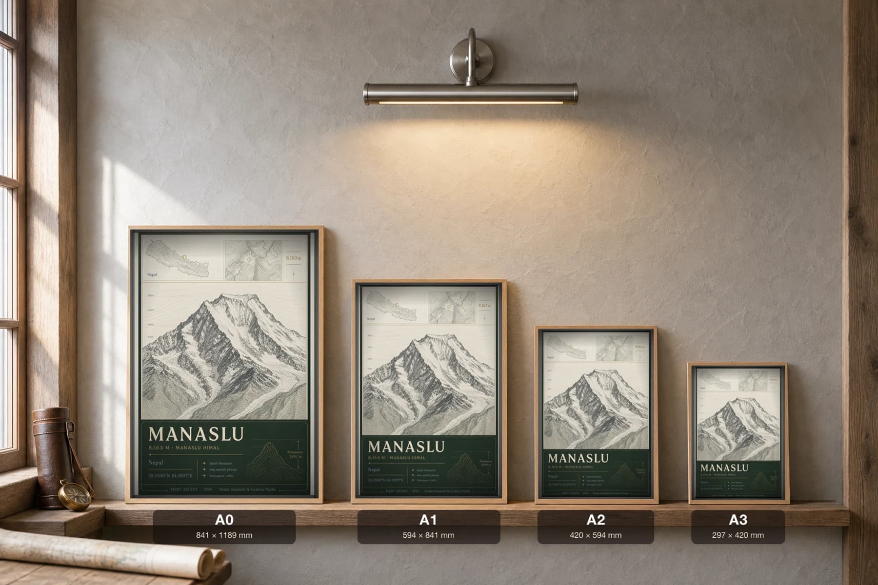 Manaslu Poster — 8,163 m Peak Atlas Specimen Print · framed A2 — print size guide showing the artwork at A0, A1, A2 and A3 in natural-oak frames at true relative scale