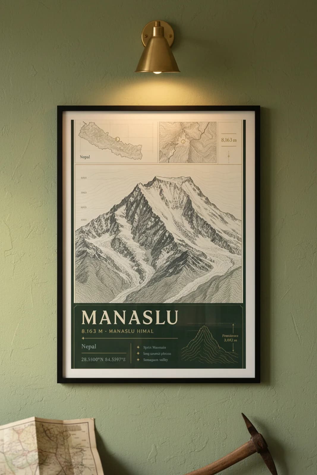 Manaslu — Mountain Peaks poster in black A2 frame on manaslu-summit-wash alpine plaster wall — Mountain Peaks study mockup