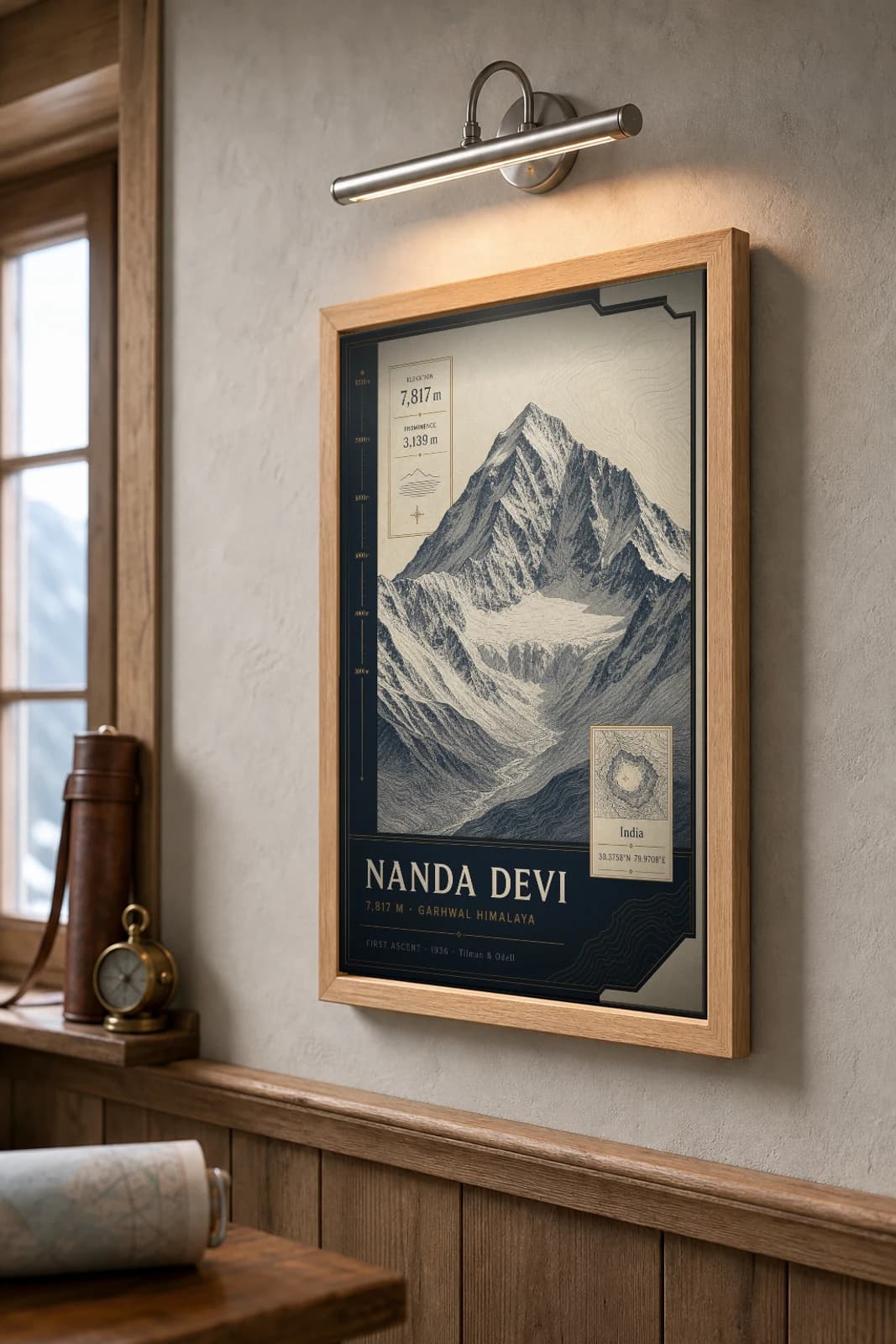 Nanda Devi Poster — 7,817 m Peak Atlas Specimen Print · framed A2 — the framed print shown at a three-quarter angle on a styled gallery wall in a natural-oak frame