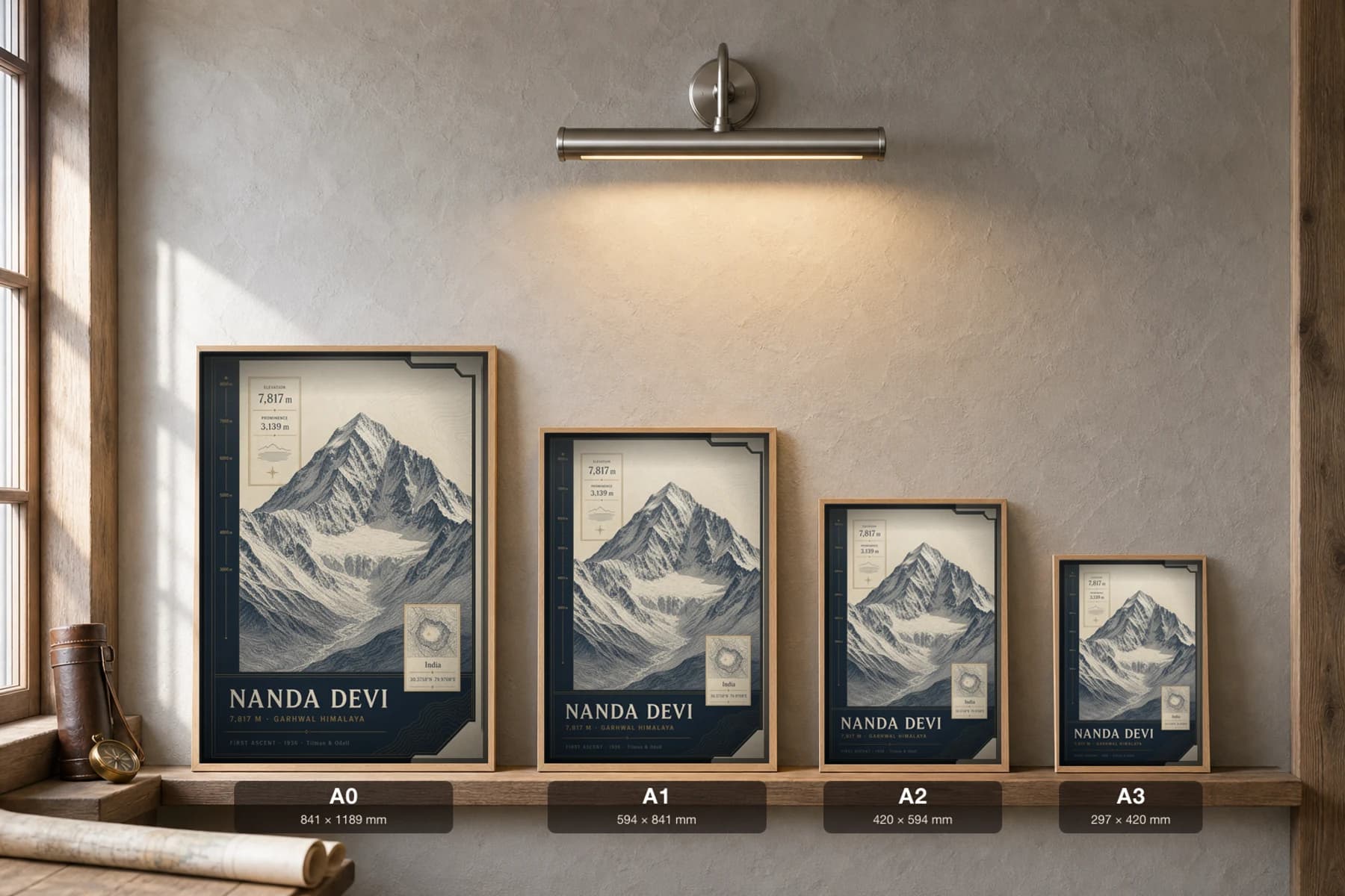 Nanda Devi Poster — 7,817 m Peak Atlas Specimen Print · framed A2 — print size guide showing the artwork at A0, A1, A2 and A3 in natural-oak frames at true relative scale