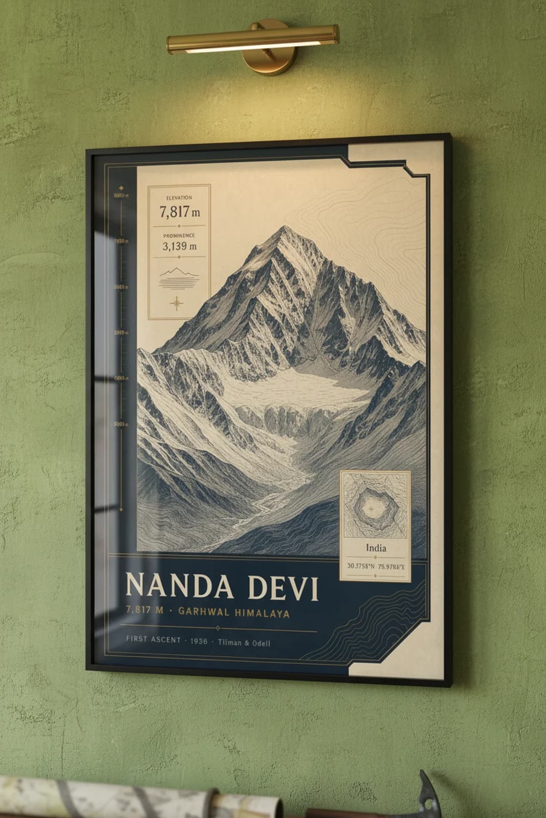 Nanda Devi — Mountain Peaks poster in black A2 frame on nanda-devi-summit-wash alpine plaster wall — Mountain Peaks study mockup