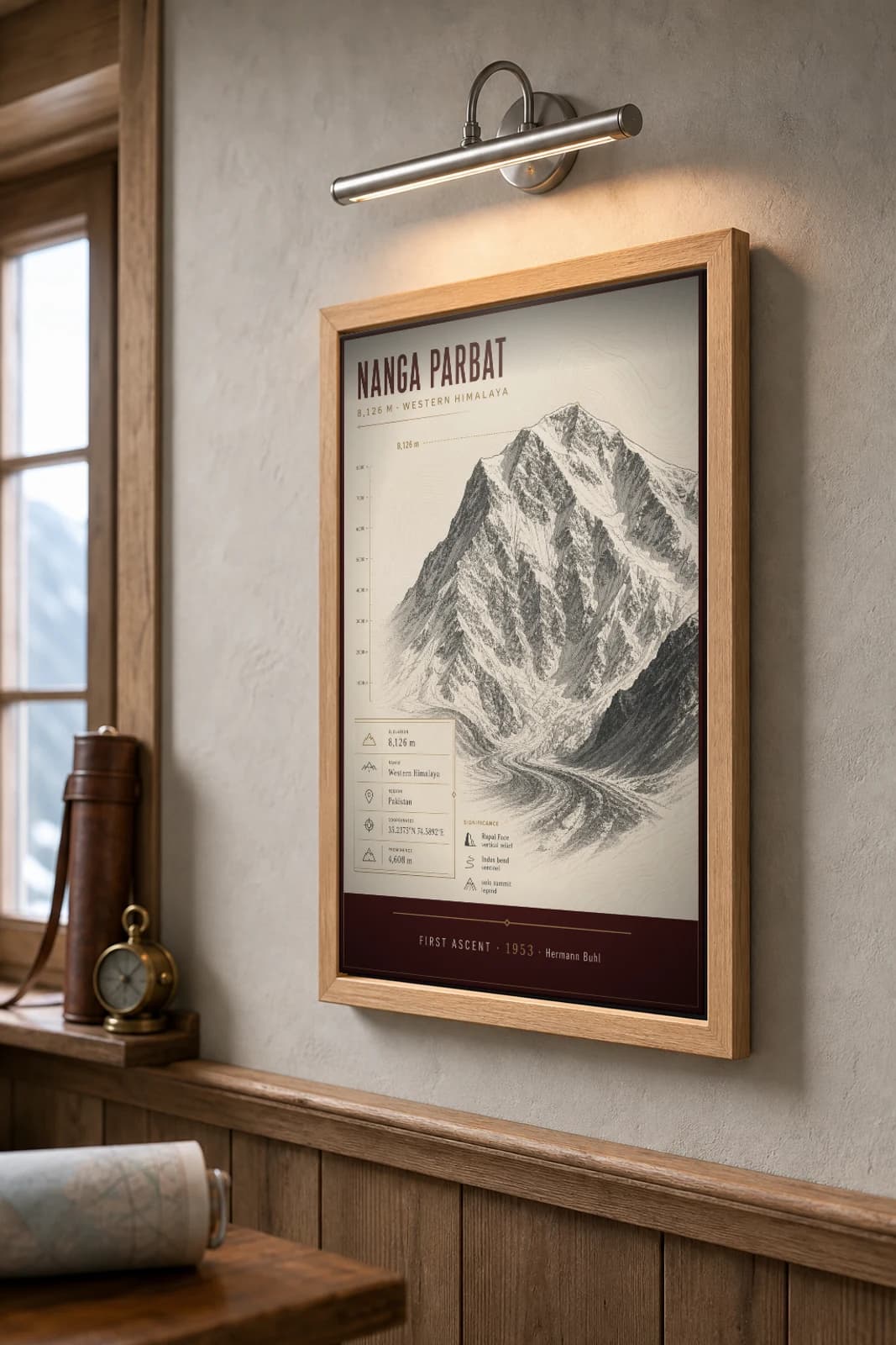 Nanga Parbat Poster — 8,126 m Peak Atlas Specimen Print · framed A2 — the framed print shown at a three-quarter angle on a styled gallery wall in a natural-oak frame