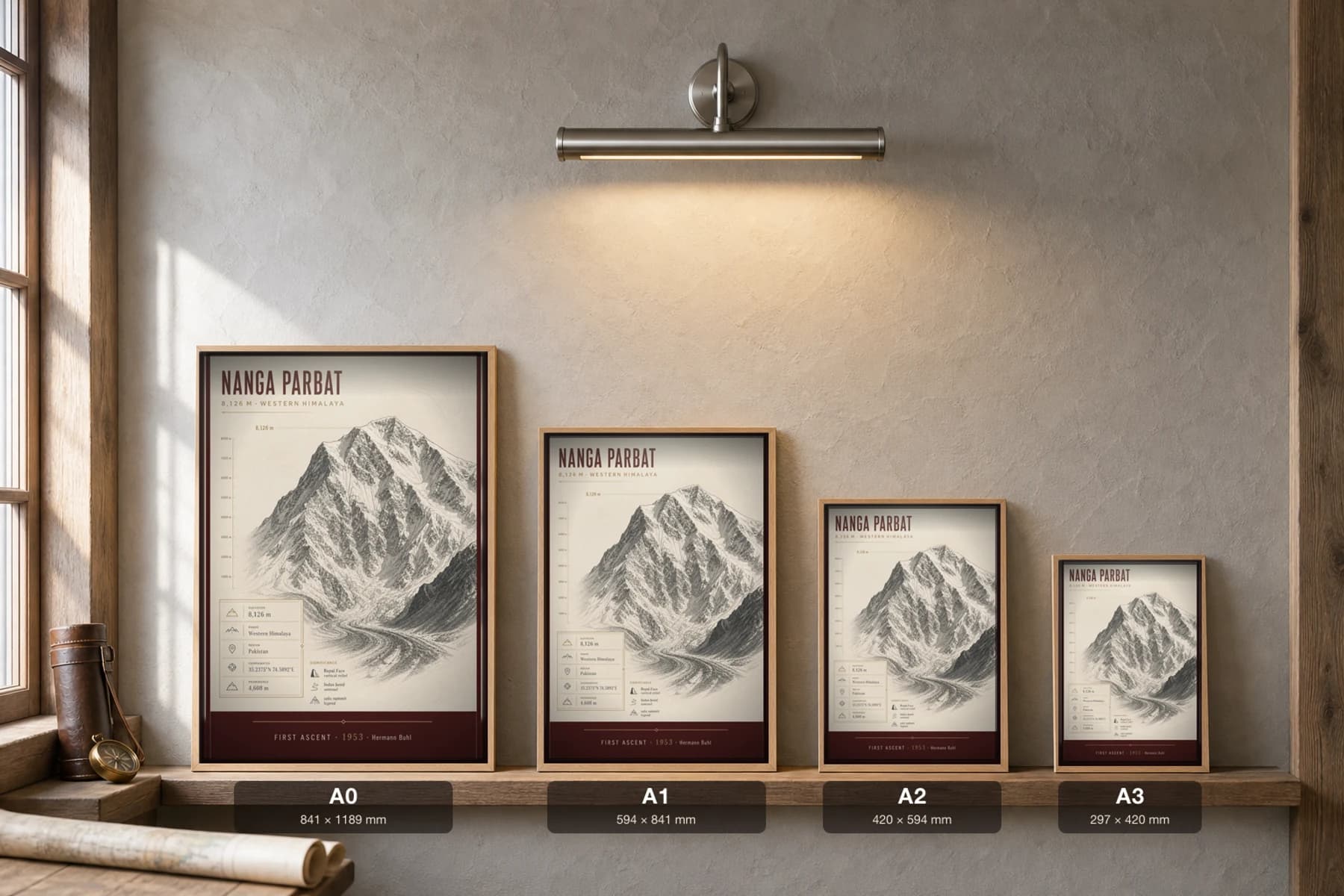 Nanga Parbat Poster — 8,126 m Peak Atlas Specimen Print · framed A2 — print size guide showing the artwork at A0, A1, A2 and A3 in natural-oak frames at true relative scale