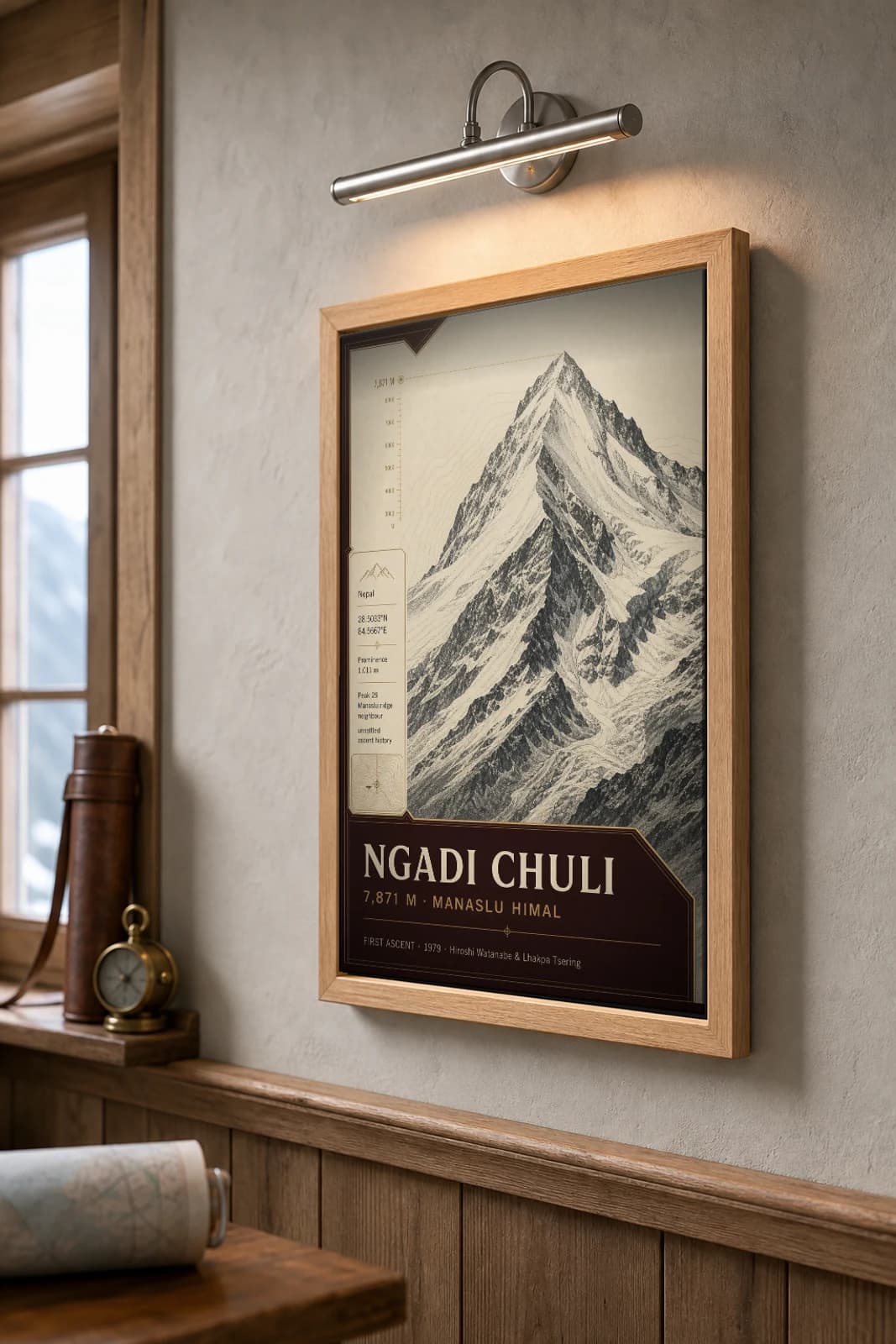 Ngadi Chuli Poster — 7,871 m Peak Atlas Specimen Print · framed A2 — the framed print shown at a three-quarter angle on a styled gallery wall in a natural-oak frame