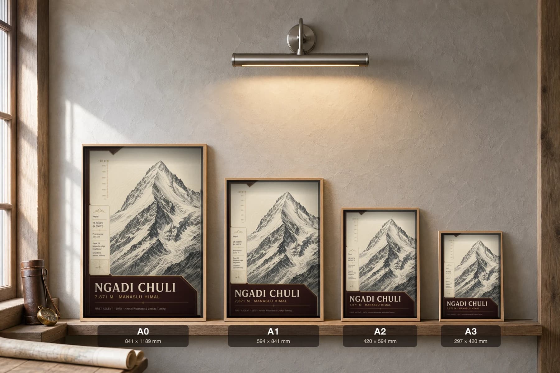 Ngadi Chuli Poster — 7,871 m Peak Atlas Specimen Print · framed A2 — print size guide showing the artwork at A0, A1, A2 and A3 in natural-oak frames at true relative scale