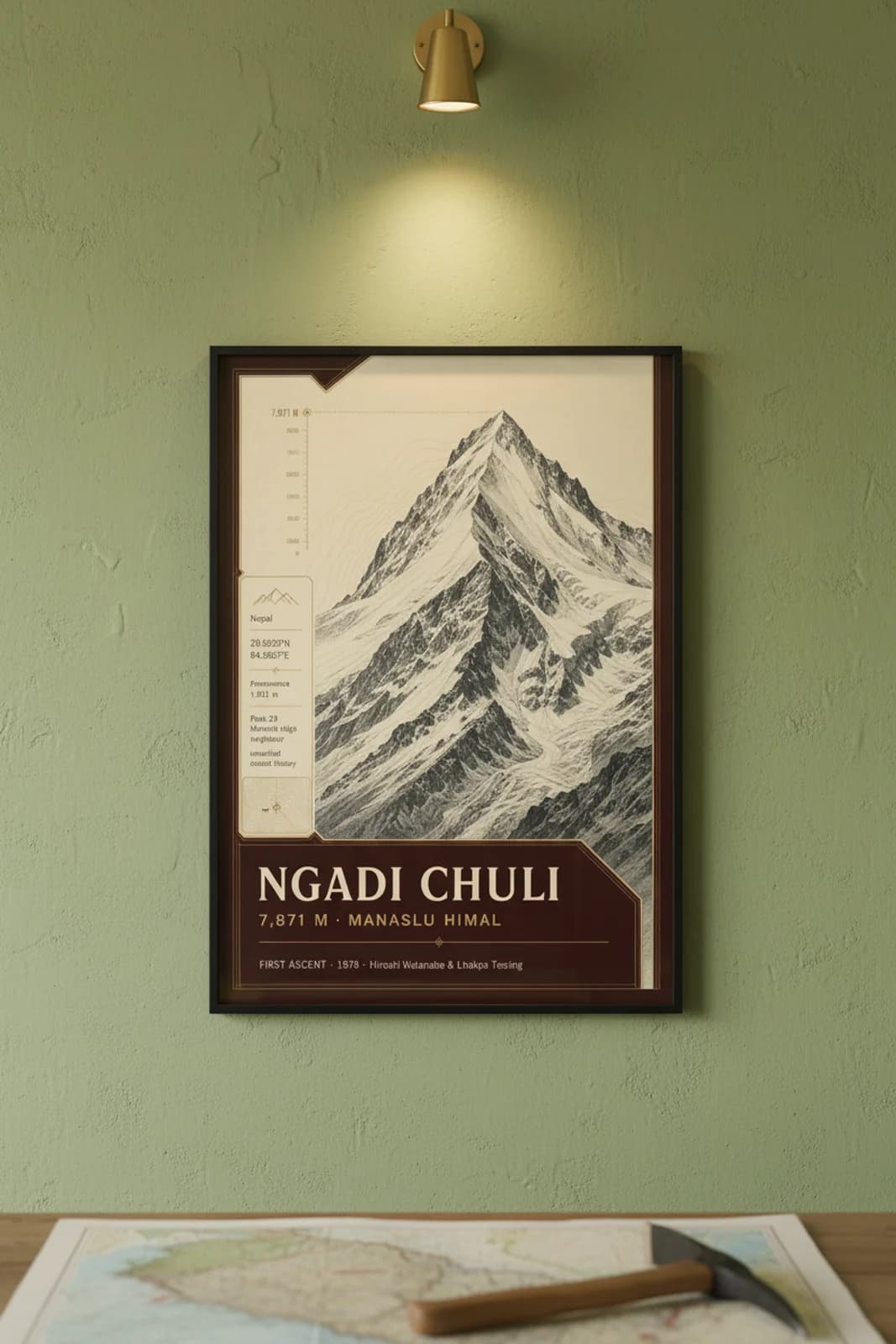 Ngadi Chuli — Mountain Peaks poster in black A2 frame on ngadi-chuli-summit-wash alpine plaster wall — Mountain Peaks study mockup