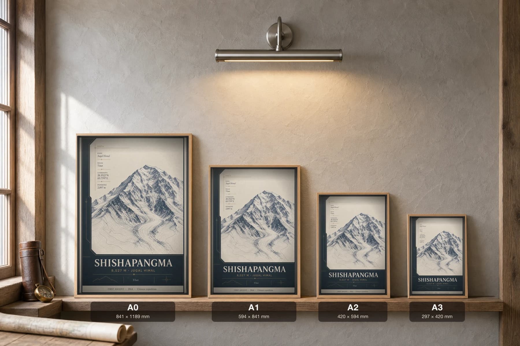 Shishapangma Poster — 8,027 m Peak Atlas Specimen Print · framed A2 — print size guide showing the artwork at A0, A1, A2 and A3 in natural-oak frames at true relative scale