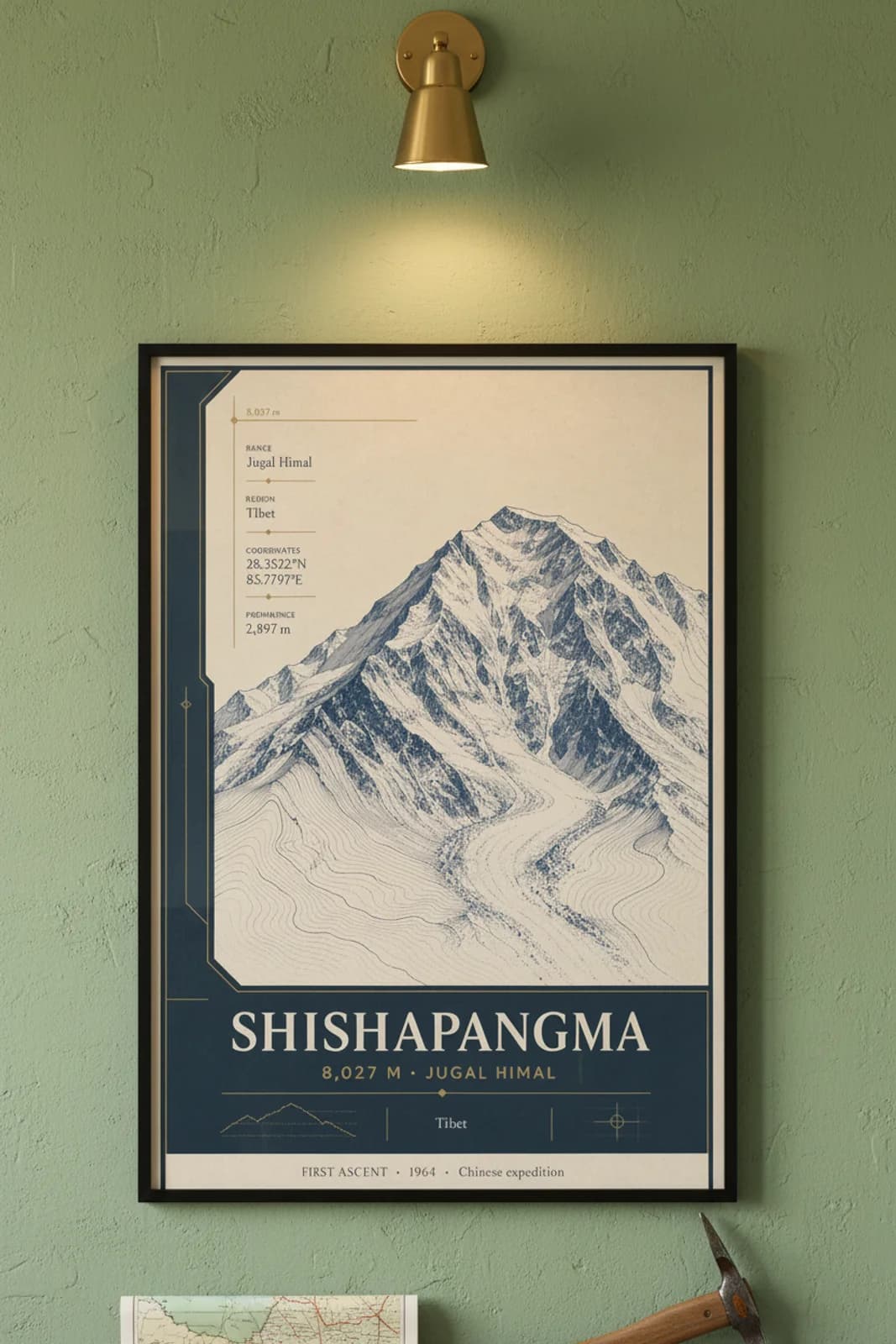 Shishapangma — Mountain Peaks poster in black A2 frame on shishapangma-summit-wash alpine plaster wall — Mountain Peaks study mockup