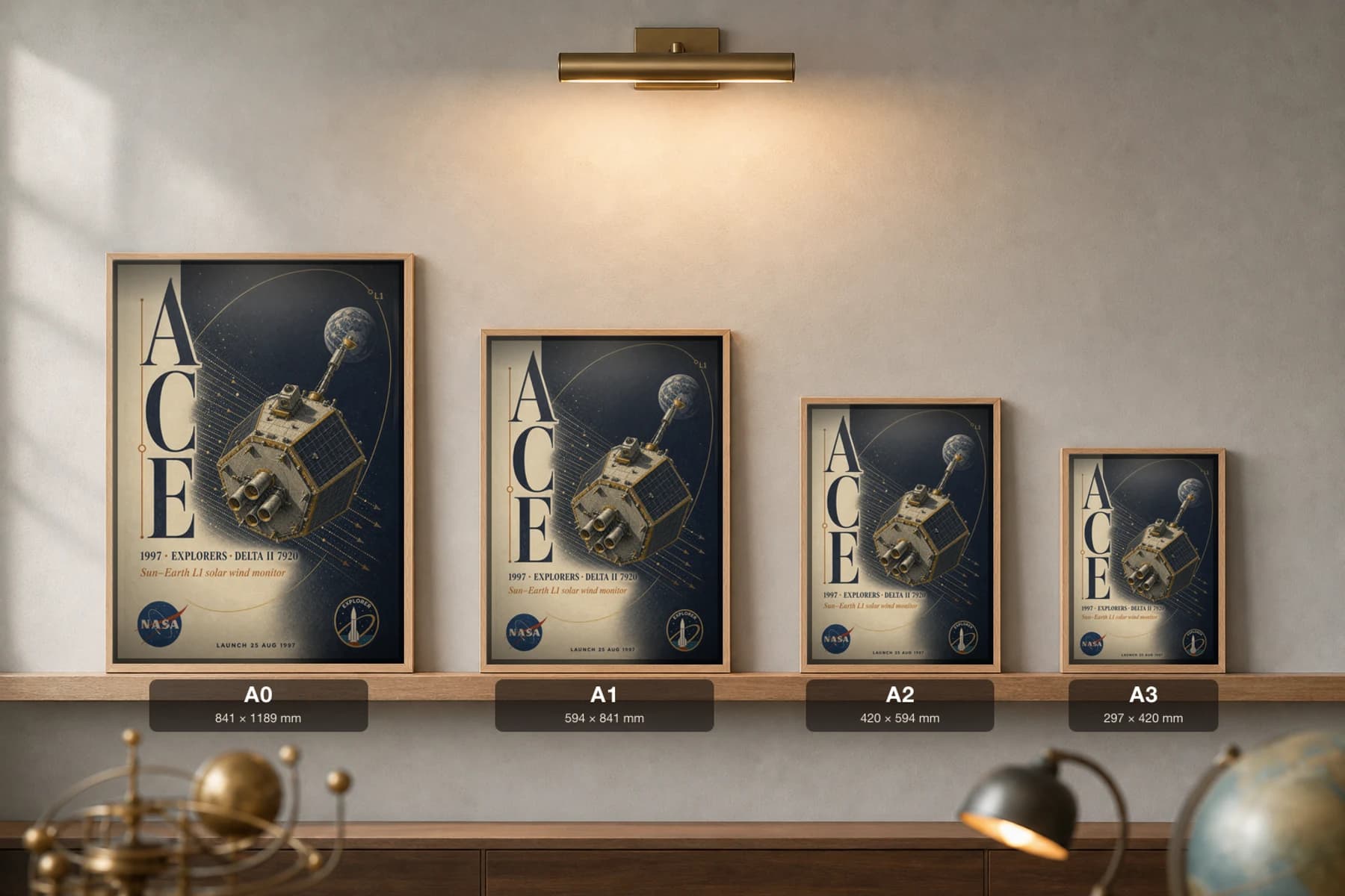 ACE Poster — 1997 Sun–Earth L1 Solar Wind Monitor NASA Heritage Collector Print — print size guide showing the artwork at A0, A1, A2 and A3 in natural-oak frames at true relative scale