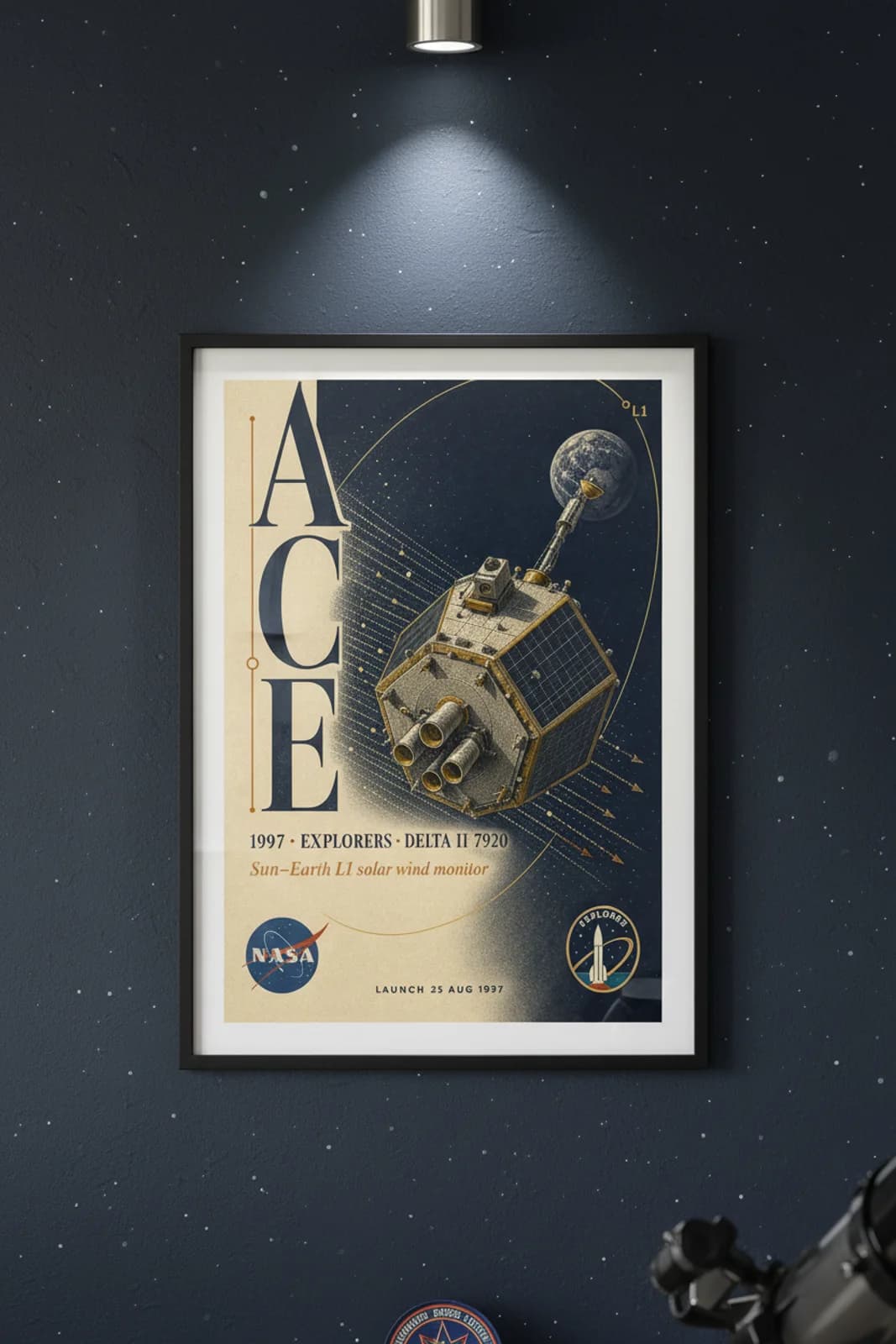 ACE poster in black A2 frame on heliophysics-navy-sky deep space navy wall — NASA Heritage collector study mockup