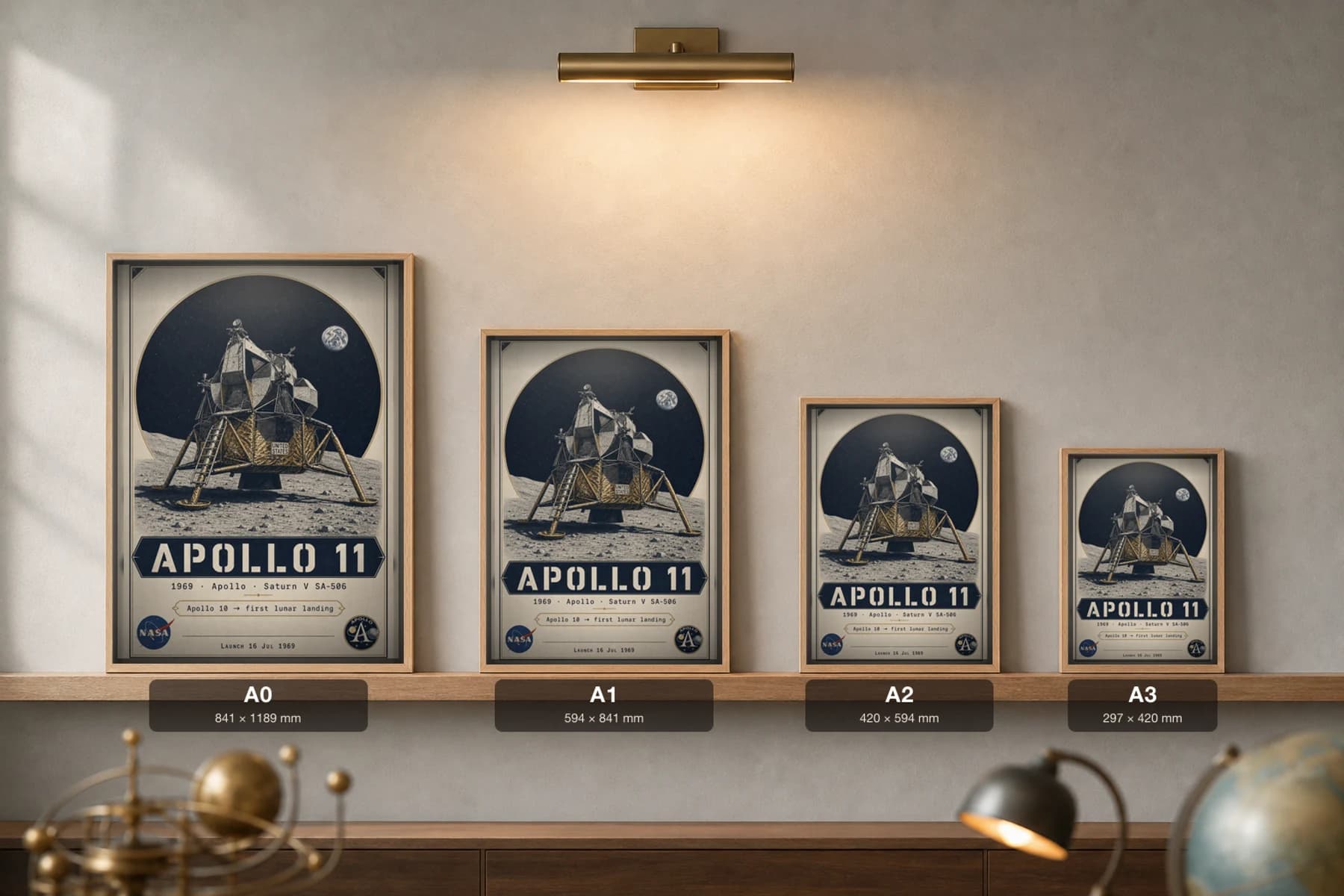 Apollo 11 Poster — 1969 Saturn V SA-506 NASA Heritage Collector Print — print size guide showing the artwork at A0, A1, A2 and A3 in natural-oak frames at true relative scale