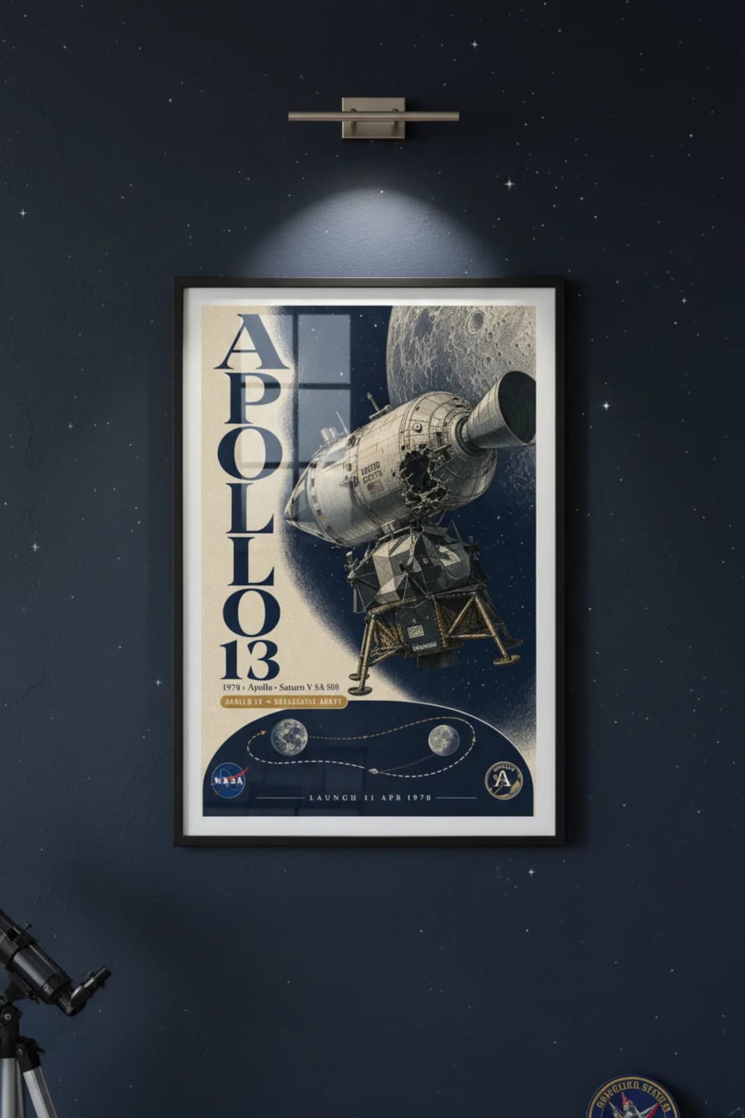 Apollo 13 — NASA Heritage Collector poster in black A2 frame on deep-navy-space deep space navy wall — NASA Heritage collector study mockup