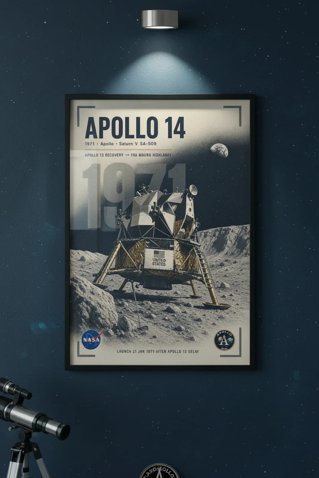 Apollo 14 poster in black A2 frame on deep-navy-star-field deep space navy wall — NASA Heritage collector study mockup
