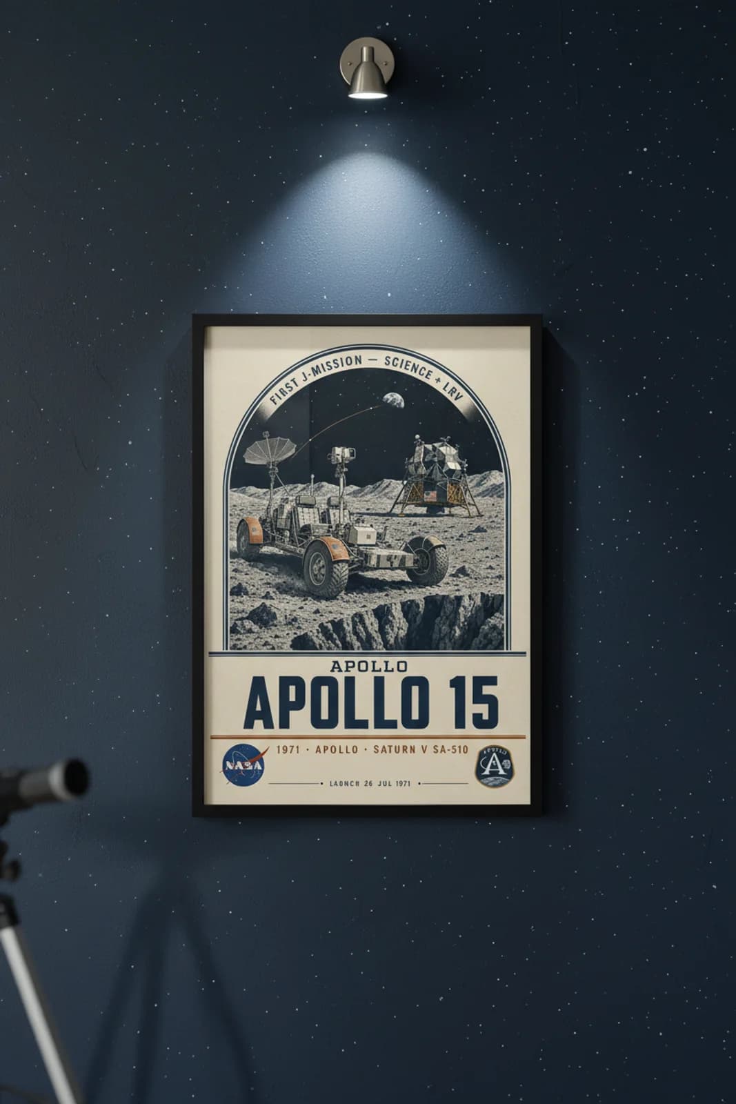 Apollo 15 poster in black A2 frame on deep-navy-star-field deep space navy wall — NASA Heritage collector study mockup