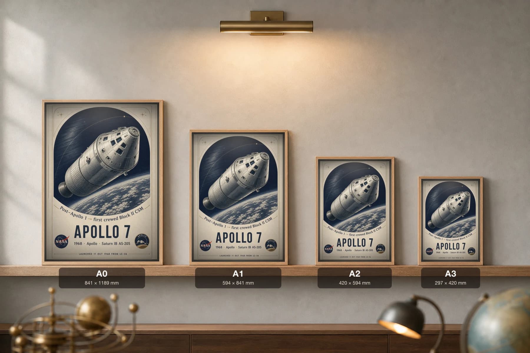 Apollo 7 Poster — 1968 Block II CSM Saturn IB NASA Heritage Collector Print — print size guide showing the artwork at A0, A1, A2 and A3 in natural-oak frames at true relative scale