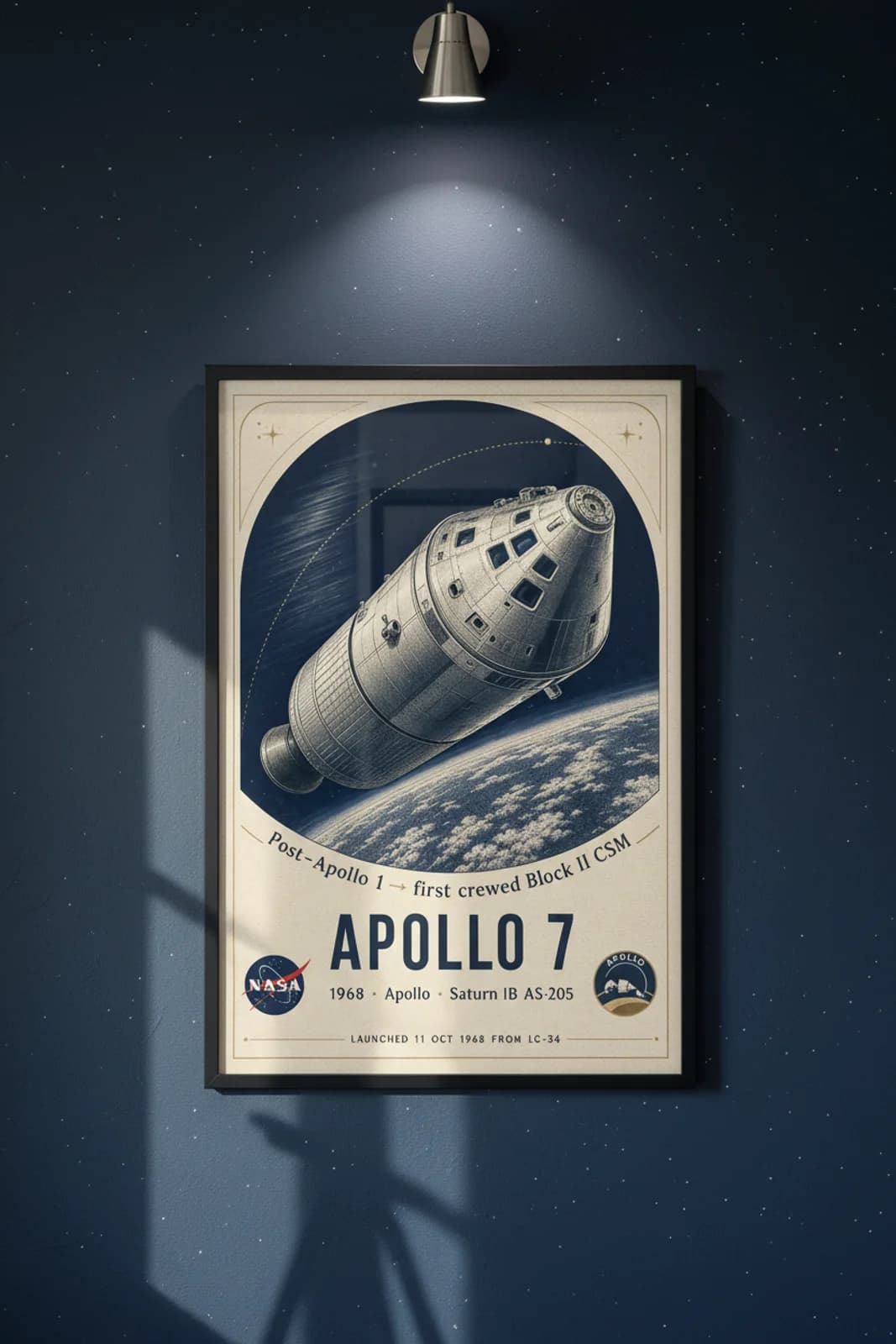 Apollo 7 poster in black A2 frame on deep-navy-space deep space navy wall — NASA Heritage collector study mockup