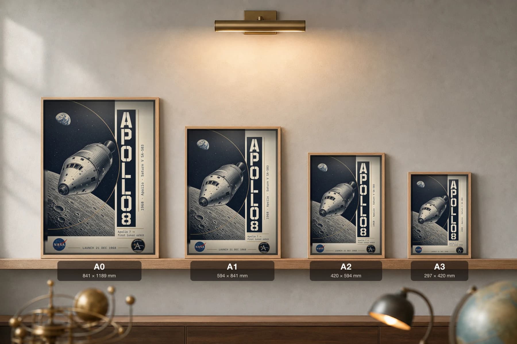 Apollo 8 Poster — 1968 Saturn V SA-503 NASA Heritage Collector Print — print size guide showing the artwork at A0, A1, A2 and A3 in natural-oak frames at true relative scale