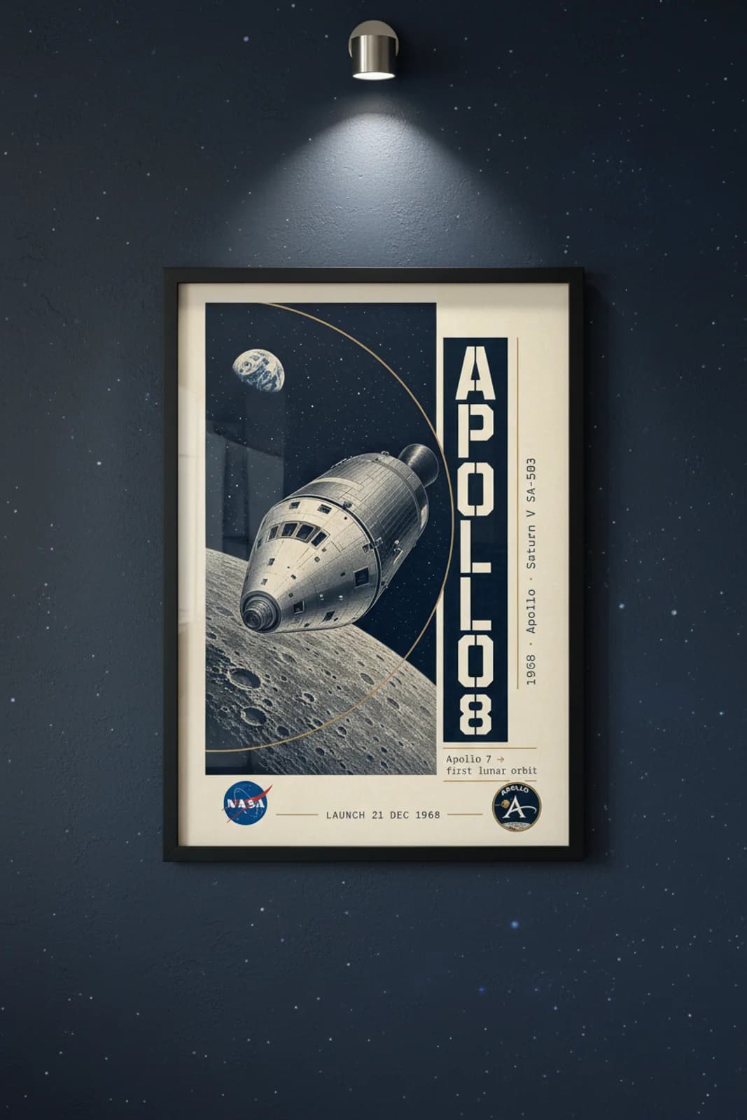 Apollo 8 — NASA Heritage Collector poster in black A2 frame on deep-navy-space deep space navy wall — NASA Heritage collector study mockup