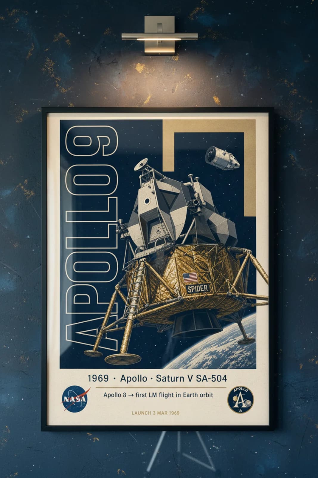 Apollo 9 poster in black A2 frame on lm-gold-foil deep space navy wall — NASA Heritage collector study mockup