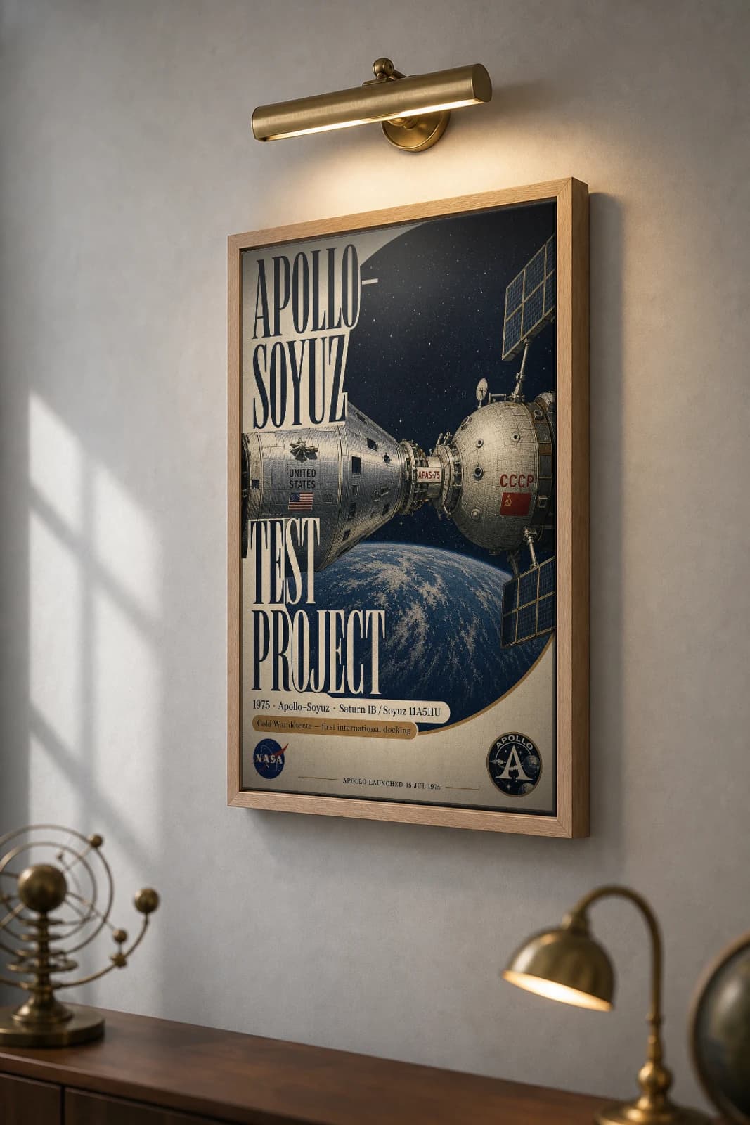 Apollo–Soyuz Test Project Poster — 1975 International Docking NASA Heritage Collector Print — the framed print shown at a three-quarter angle on a styled gallery wall in a natural-oak frame