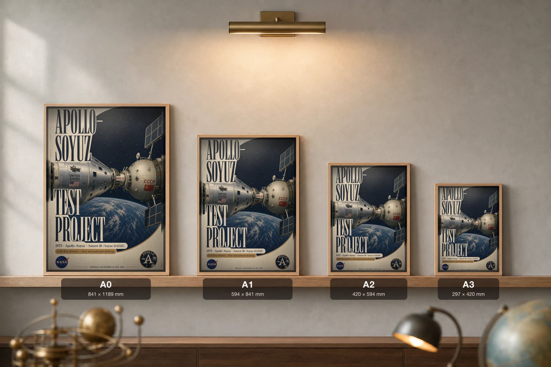 Apollo–Soyuz Test Project Poster — 1975 International Docking NASA Heritage Collector Print — print size guide showing the artwork at A0, A1, A2 and A3 in natural-oak frames at true relative scale