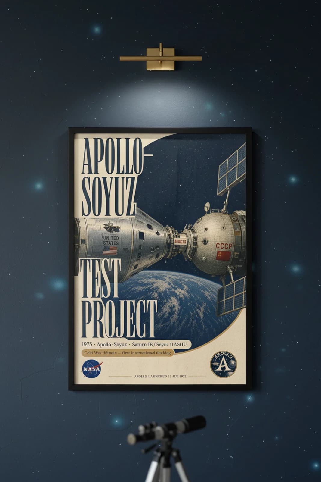 Apollo–Soyuz Test Project poster in black A2 frame on silver-apollo-hull deep space navy wall — NASA Heritage collector study mockup