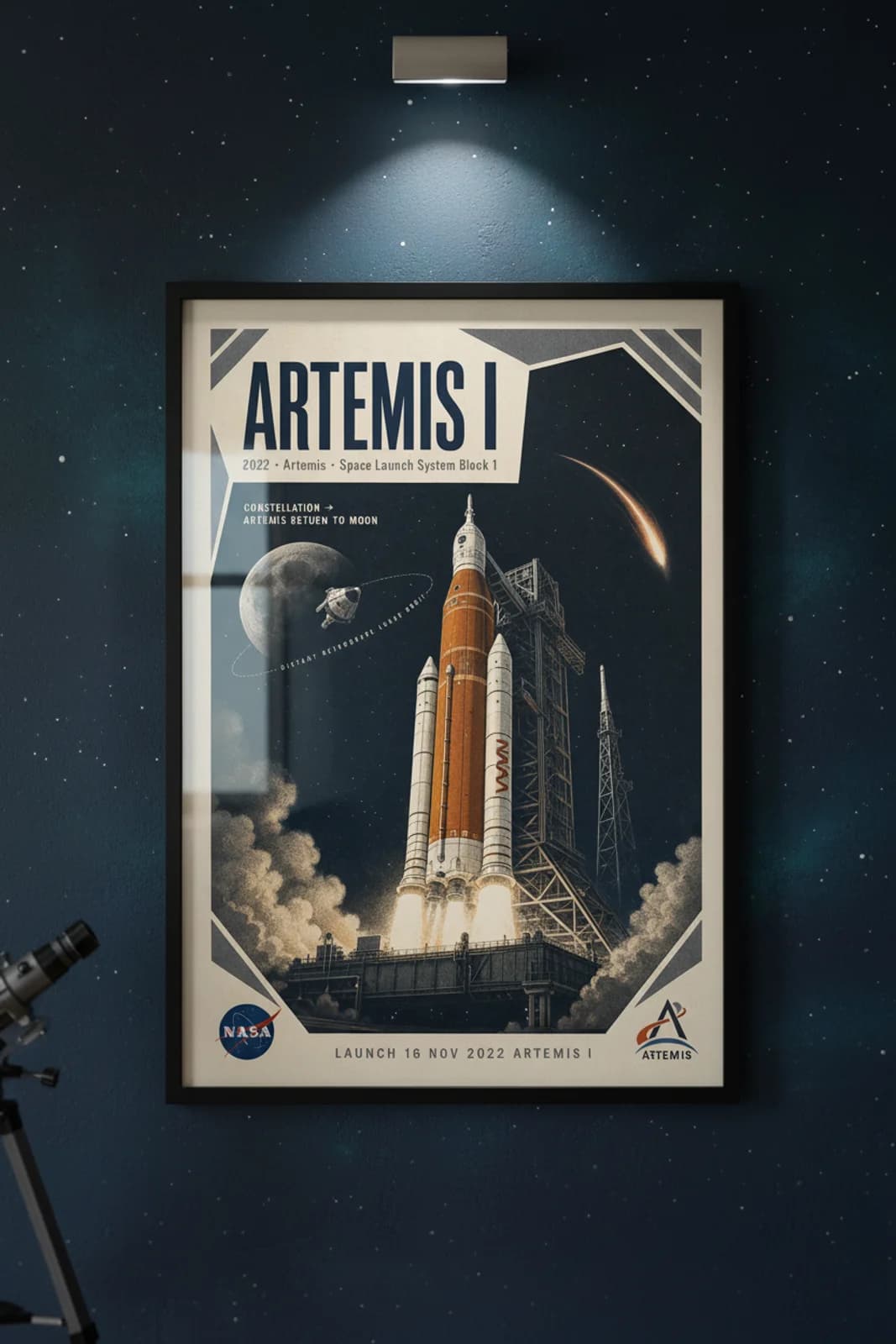 Artemis I poster in black A2 frame on dark-navy-artemis-title deep space navy wall — NASA Heritage collector study mockup
