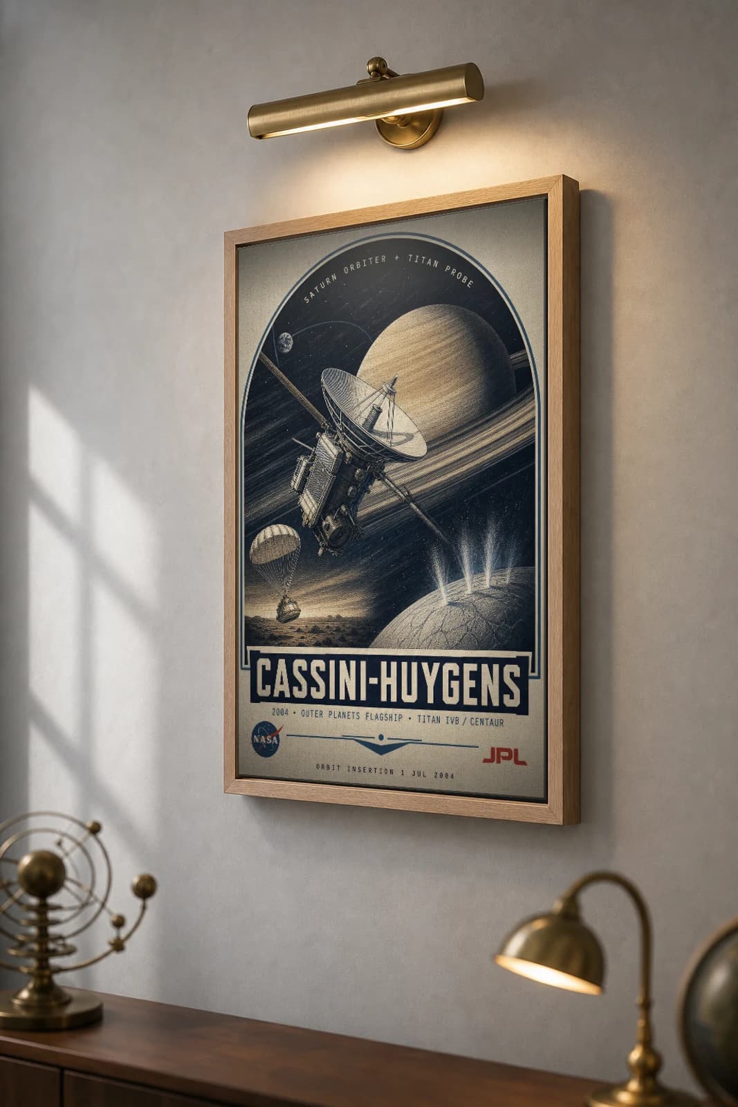 Cassini-Huygens Poster — 2004 Saturn Orbiter NASA Heritage Collector Print — the framed print shown at a three-quarter angle on a styled gallery wall in a natural-oak frame