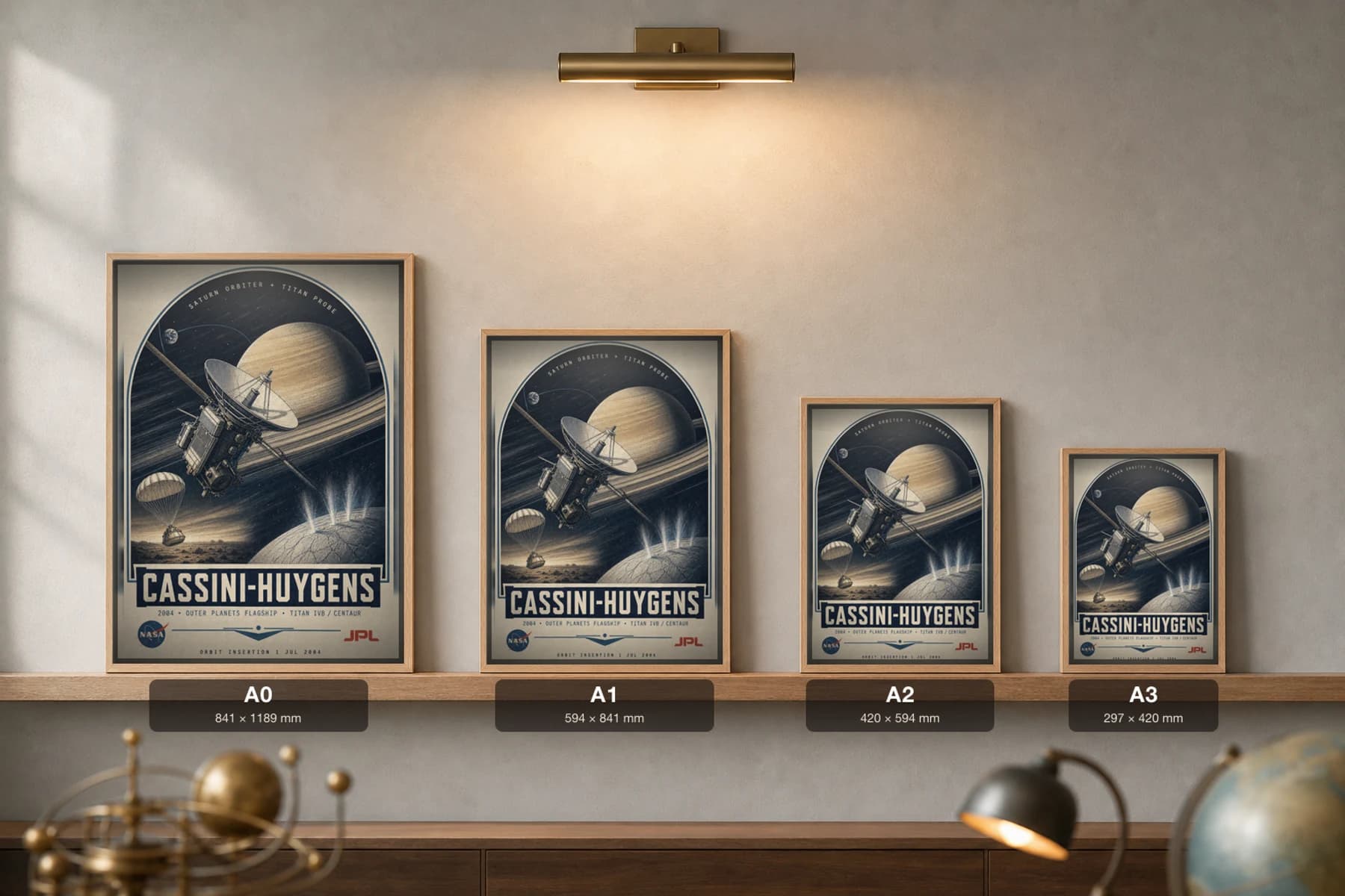 Cassini-Huygens Poster — 2004 Saturn Orbiter NASA Heritage Collector Print — print size guide showing the artwork at A0, A1, A2 and A3 in natural-oak frames at true relative scale