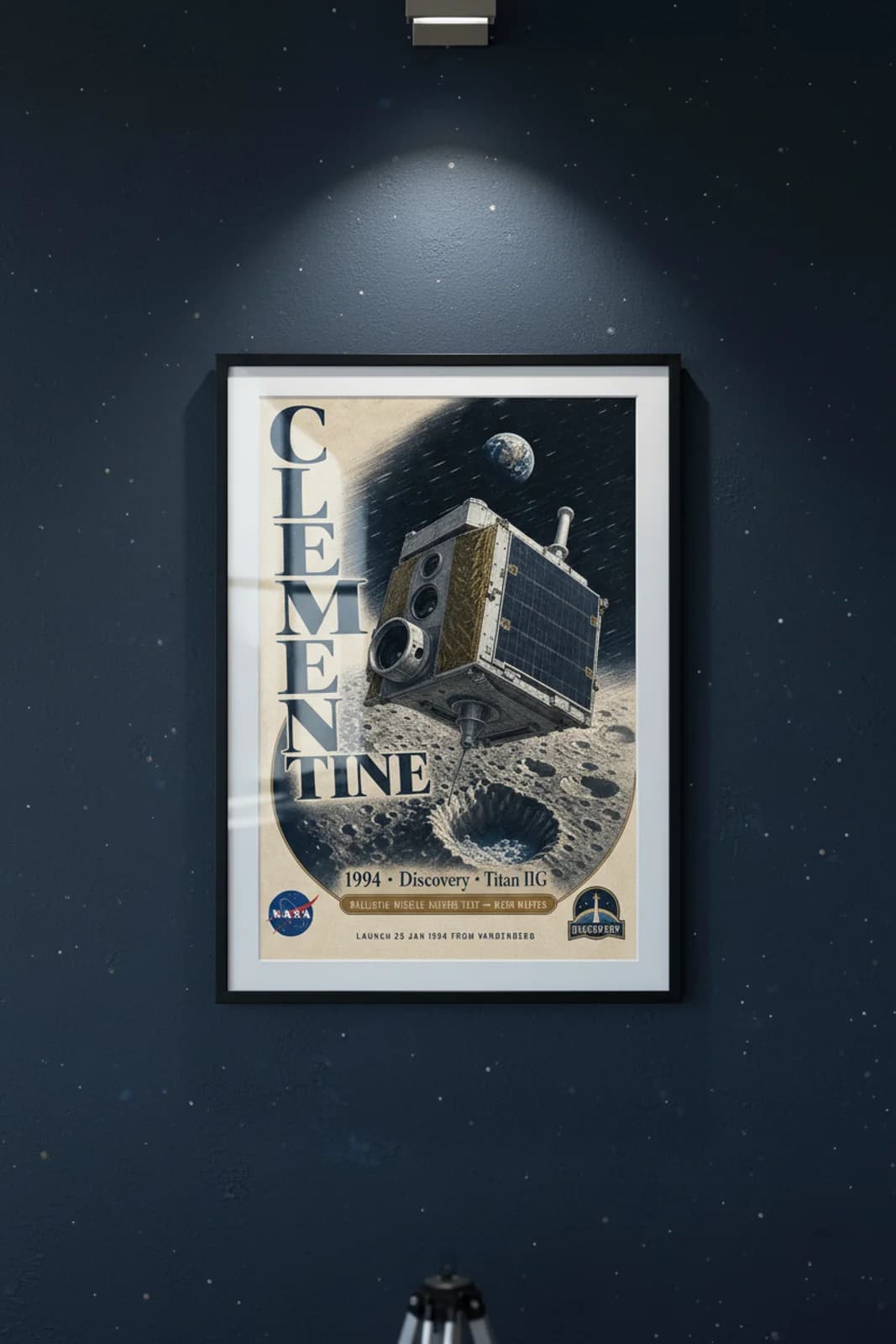 Clementine poster in black A2 frame on deep-navy-star-field deep space navy wall — NASA Heritage collector study mockup