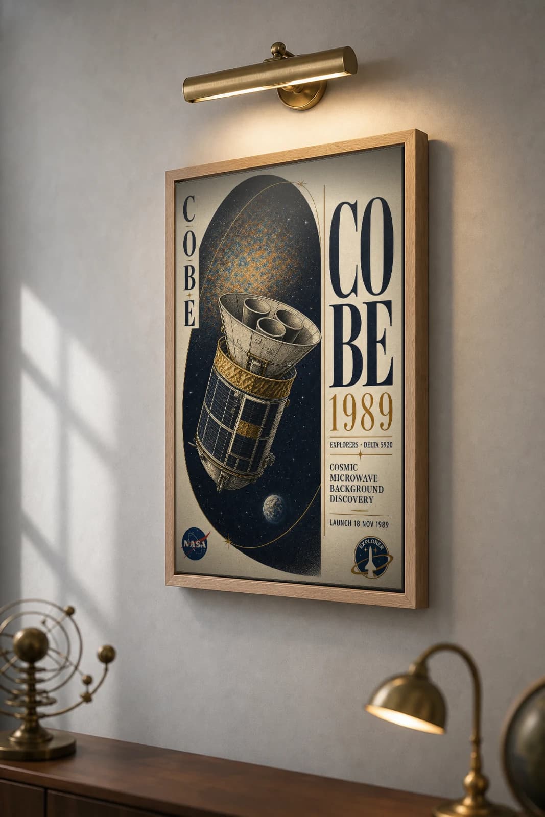 COBE Poster — 1989 Delta 5920 NASA Heritage Collector Print — the framed print shown at a three-quarter angle on a styled gallery wall in a natural-oak frame