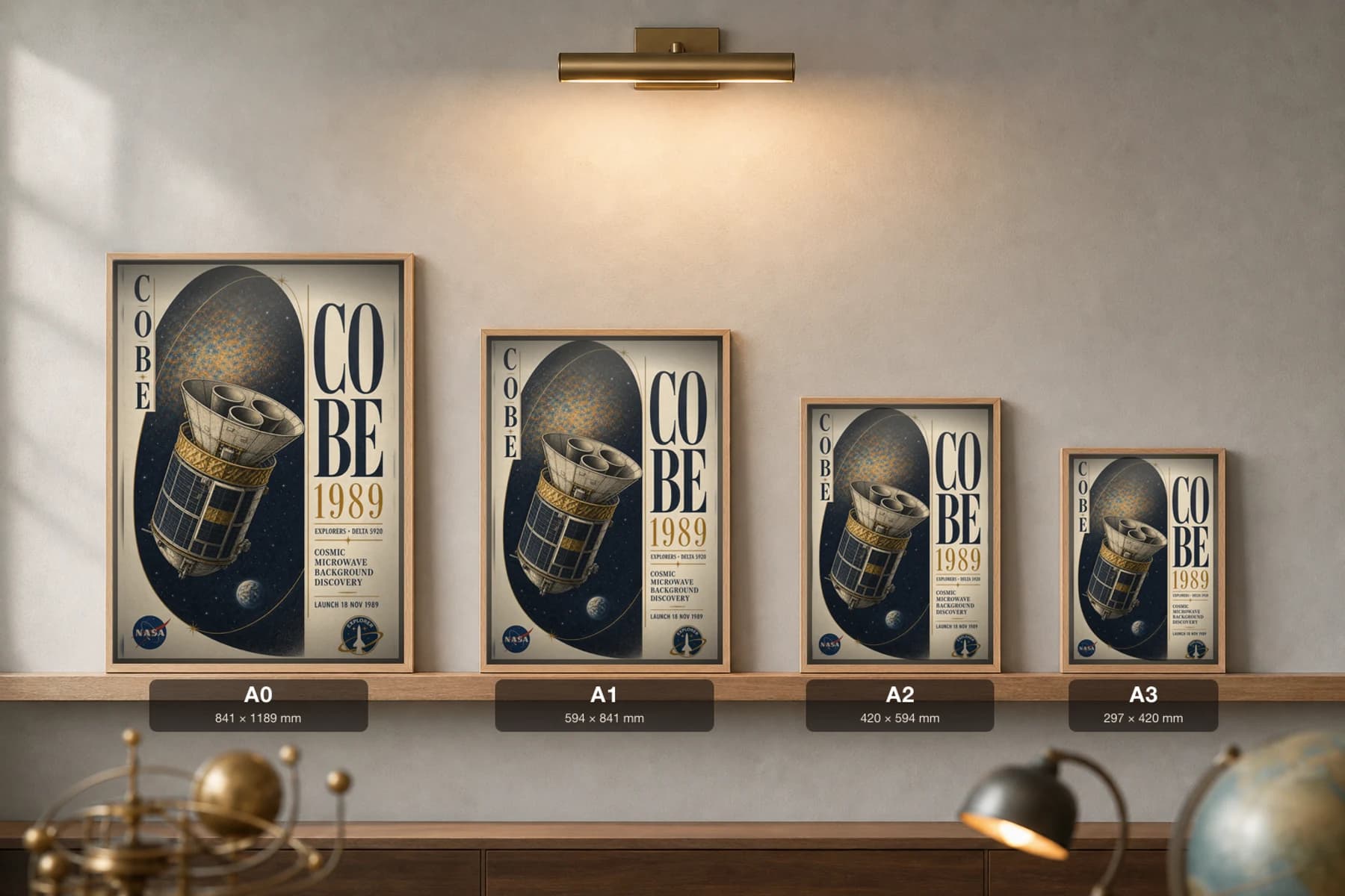 COBE Poster — 1989 Delta 5920 NASA Heritage Collector Print — print size guide showing the artwork at A0, A1, A2 and A3 in natural-oak frames at true relative scale