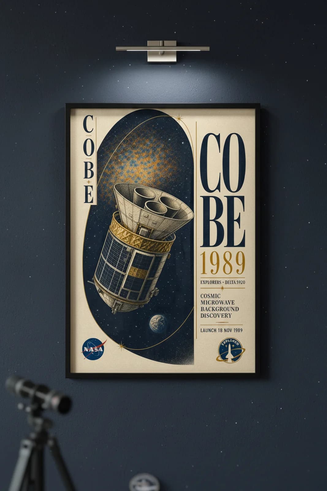 COBE poster in black A2 frame on deep-navy-space deep space navy wall — NASA Heritage collector study mockup