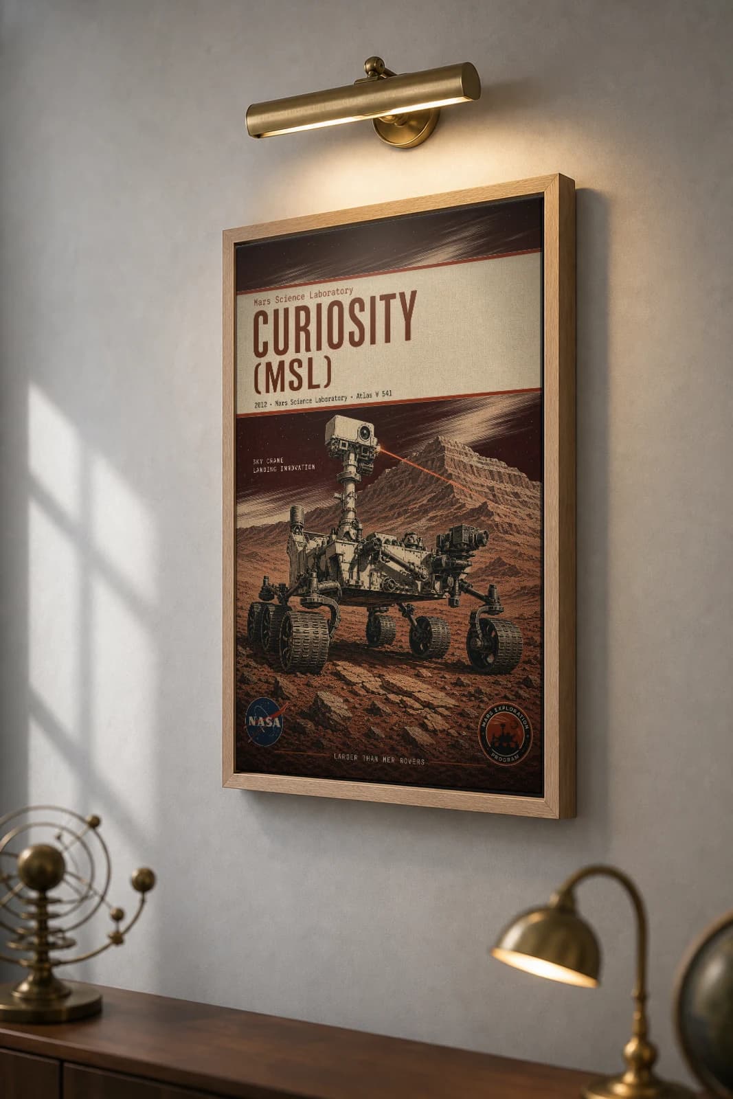 Curiosity MSL Poster — 2012 Mars Science Laboratory NASA Heritage Collector Print — the framed print shown at a three-quarter angle on a styled gallery wall in a natural-oak frame