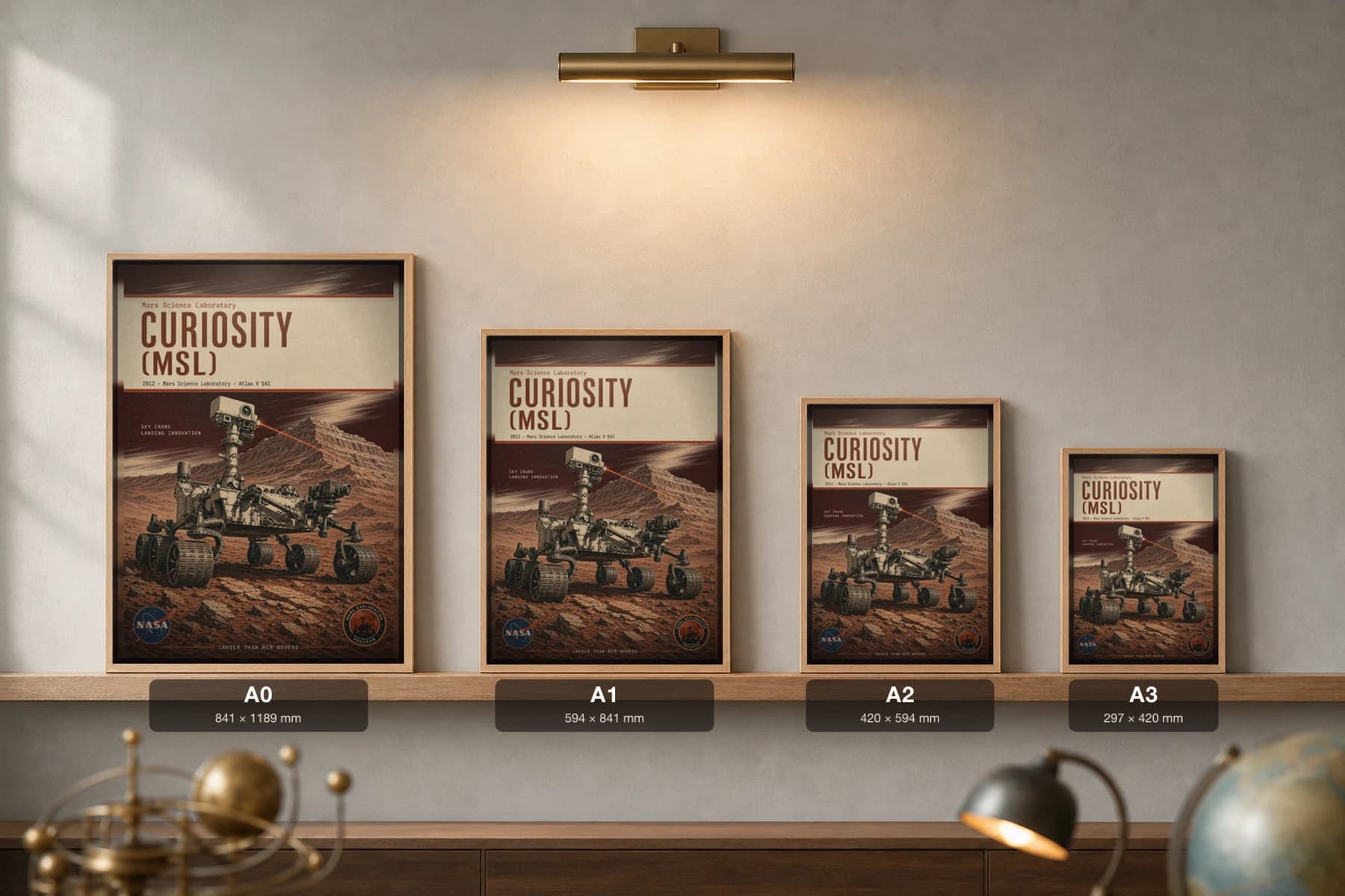 Curiosity MSL Poster — 2012 Mars Science Laboratory NASA Heritage Collector Print — print size guide showing the artwork at A0, A1, A2 and A3 in natural-oak frames at true relative scale