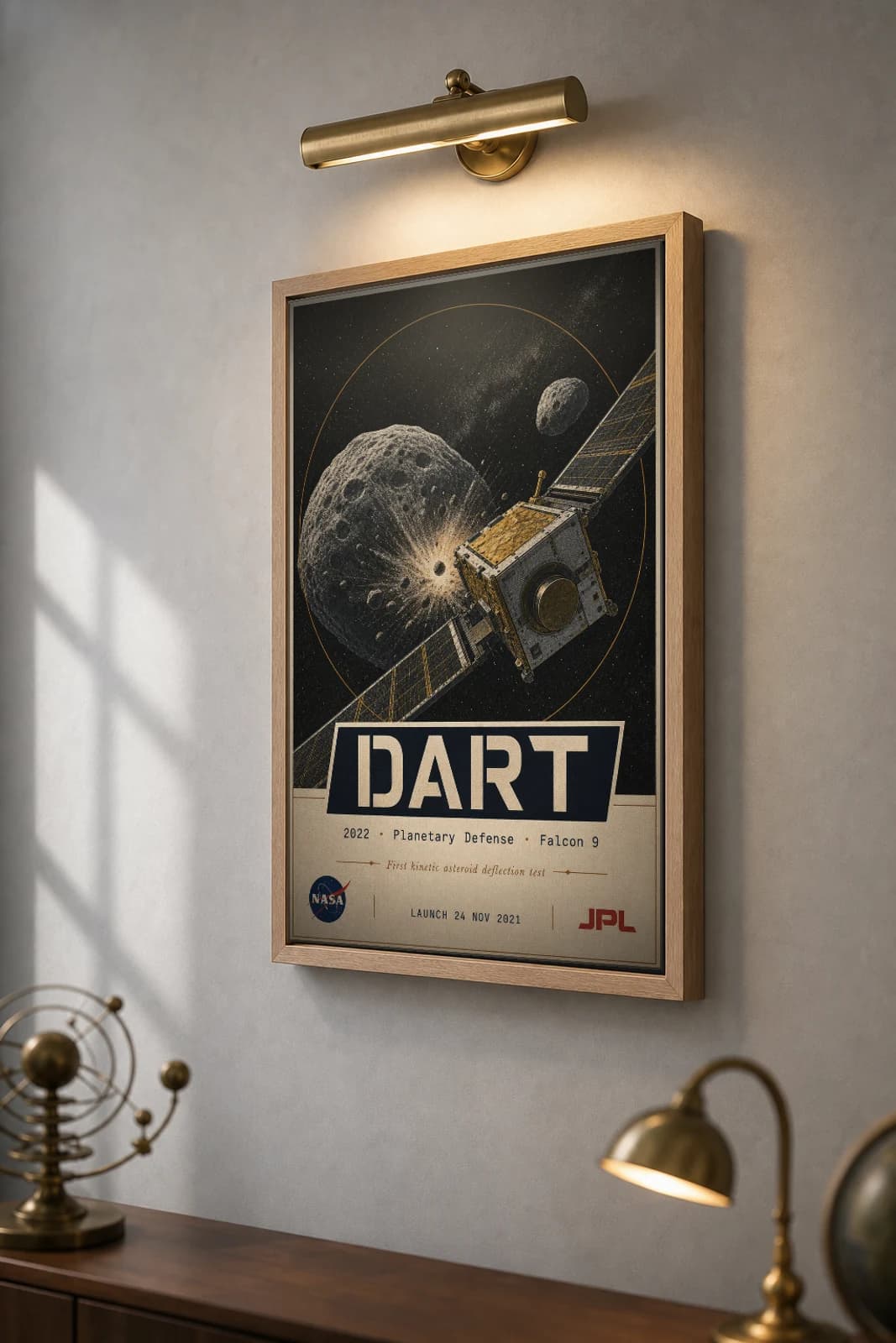 DART Poster — 2022 Kinetic Asteroid Deflection NASA Heritage Collector Print — the framed print shown at a three-quarter angle on a styled gallery wall in a natural-oak frame