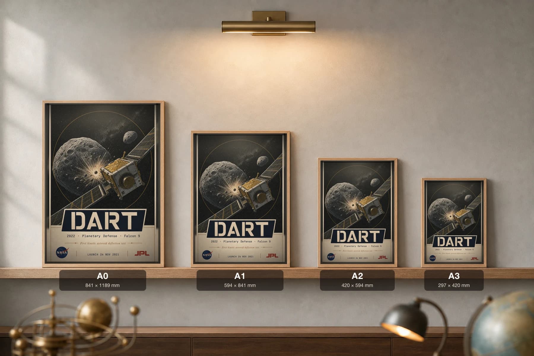 DART Poster — 2022 Kinetic Asteroid Deflection NASA Heritage Collector Print — print size guide showing the artwork at A0, A1, A2 and A3 in natural-oak frames at true relative scale