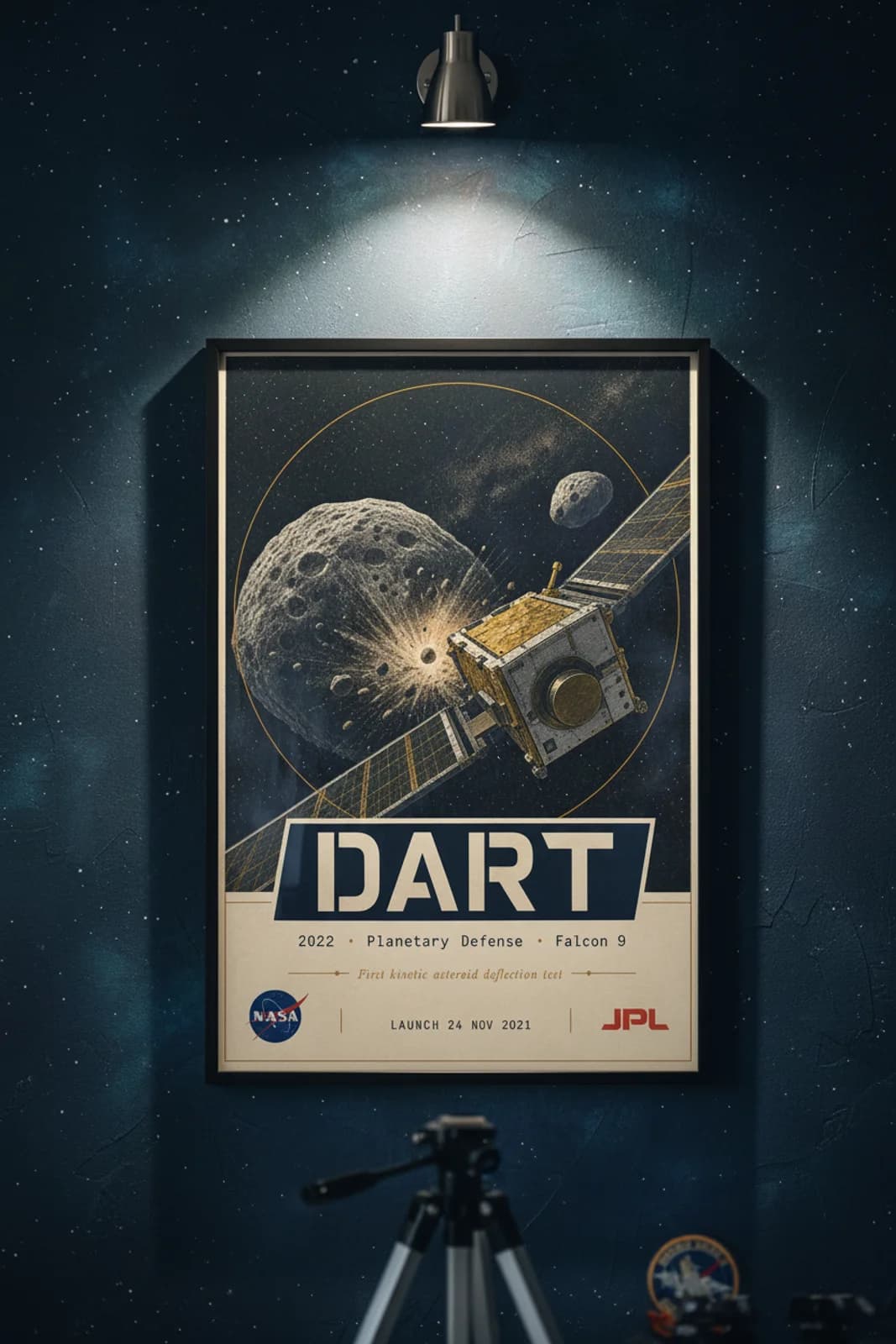 DART poster in black A2 frame on deep-navy-star-field deep space navy wall — NASA Heritage collector study mockup